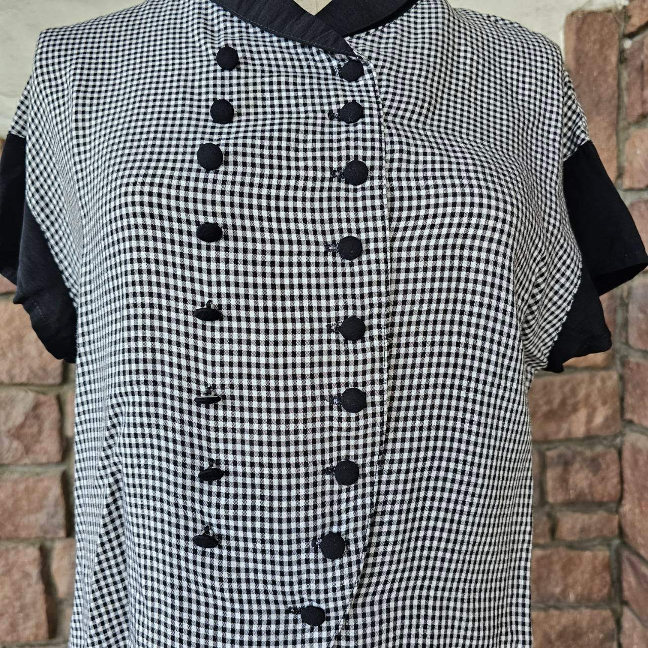 Euro vintage(ヨーロッパヴィンテージ) mono tone plaid flare sleeve blouse with black button モノトーンなチェック柄と黒ボタンのフレアスリーブブラウス 表記無し(M~L程度) ホワイト×ブラック