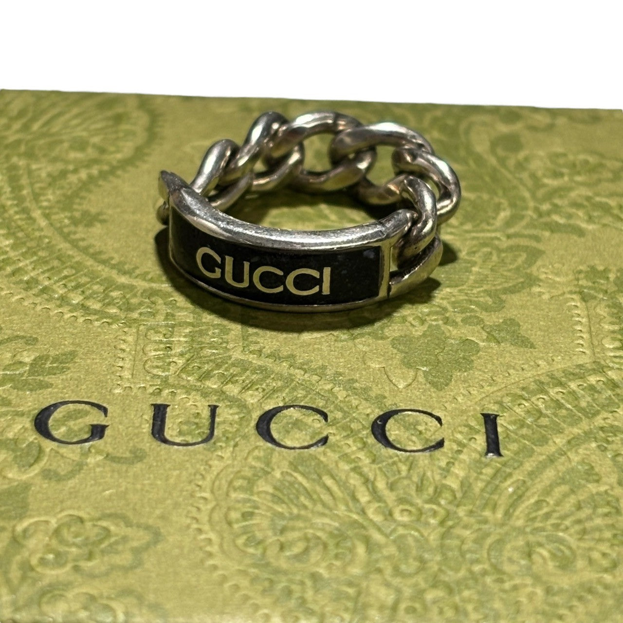 GUCCI(グッチ) 925 logo plated golmet chain ring 925 ロゴ プレート ゴルメット チェーン リング 678711 17号 シルバー 箱付