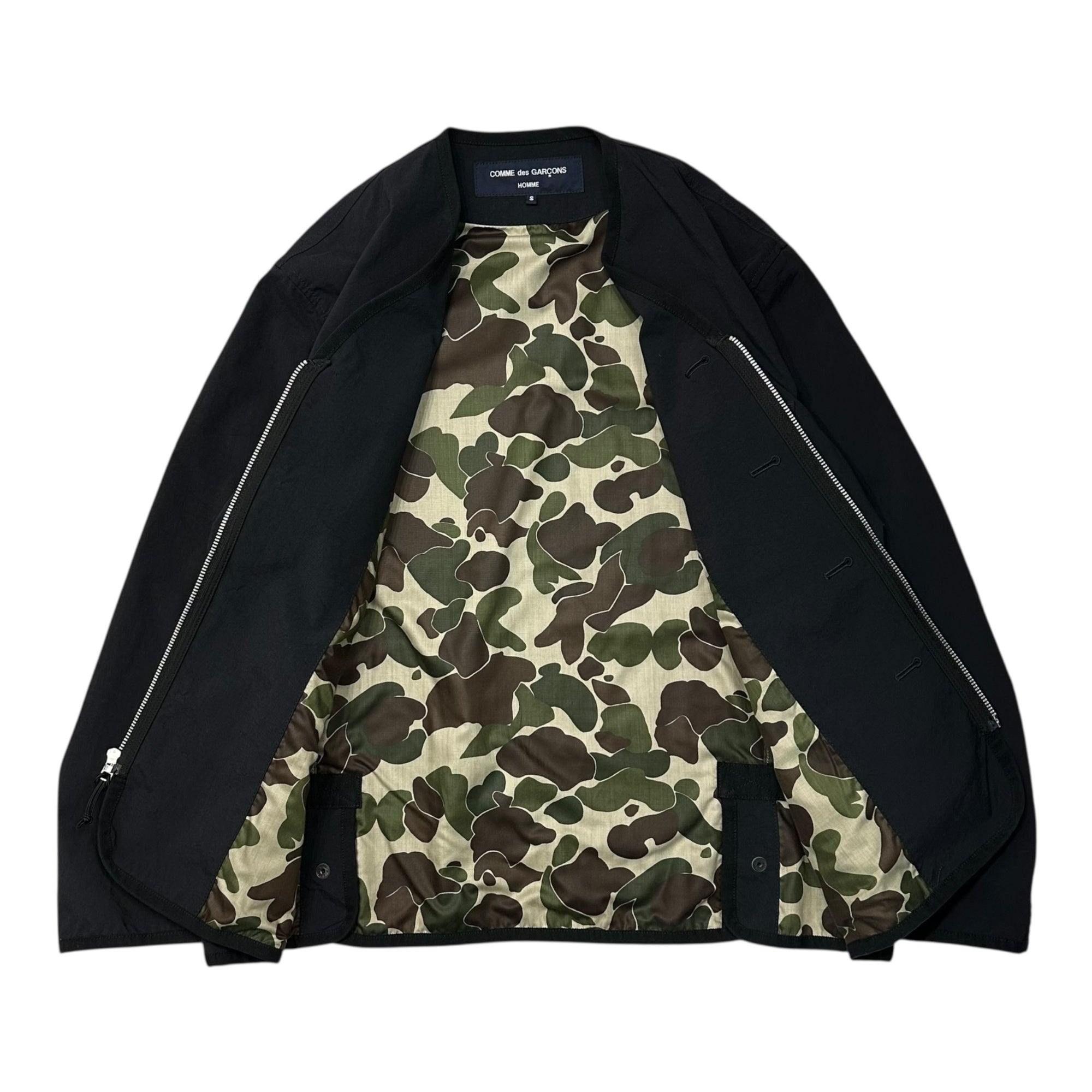 COMME des GARCONS HOMME(コムデギャルソンオム) 22SS Camouflage Lining Nylon Oxford No-Collar Jacket 裏地 カモフラ ナイロン オックス ノーカラー ジャケット HI-J006 S ブラック AD2021