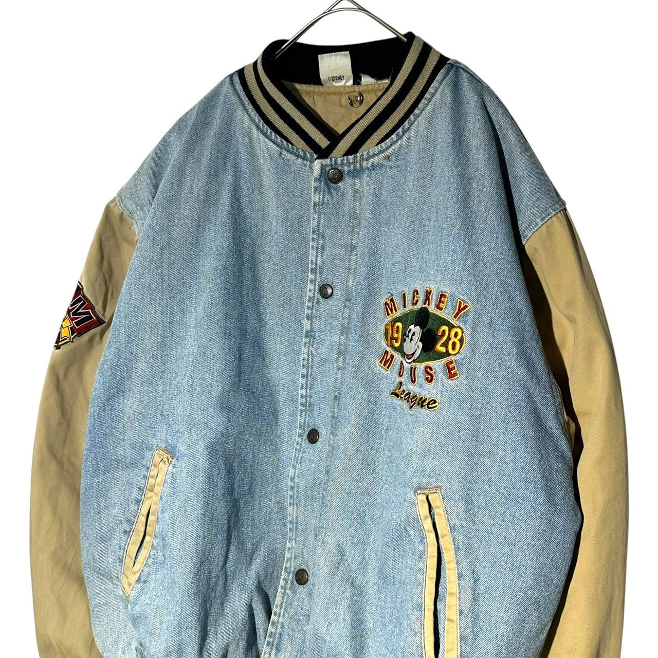 Disney(ディズニー) 90's "MICKEY MOUSE" Denim Stadium Jacket ミッキー デニム 切替 スタジャン 表記無(L程度) ライトインディゴ×カーキ 90年代 ヴィンテージ ジャケット ブルゾン 古着