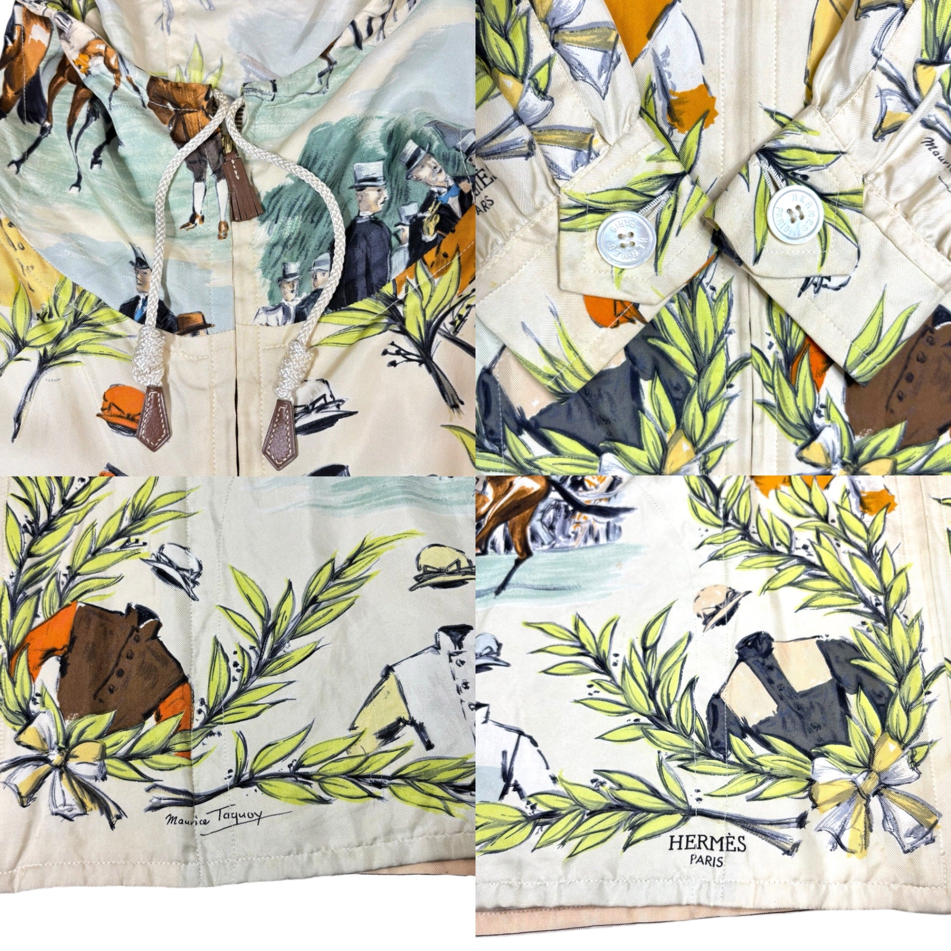 HERMES(エルメス) 90's ”maurice taquoy” Silk Scarf Hooded Jacket 競走馬 シルク スカーフ フーデッド ジャケット 40(L程度) アイボリー×オレンジ 90年代 ヴィンテージ エルメスジャポンタグ メンズ着用可能サイズ アーカイブ