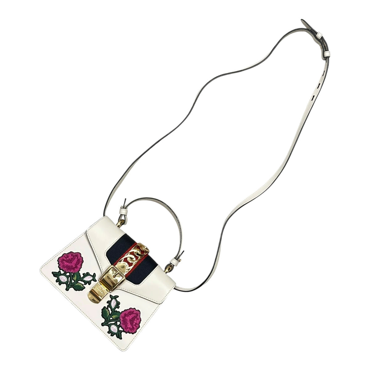 GUCCI(グッチ) Sylvie-Web Rose-Embroidered Shoulder Bag シルヴィ ウェブ 薔薇 刺繍 ショルダー バッグ 470270 525040 オフホワイト×ピンク