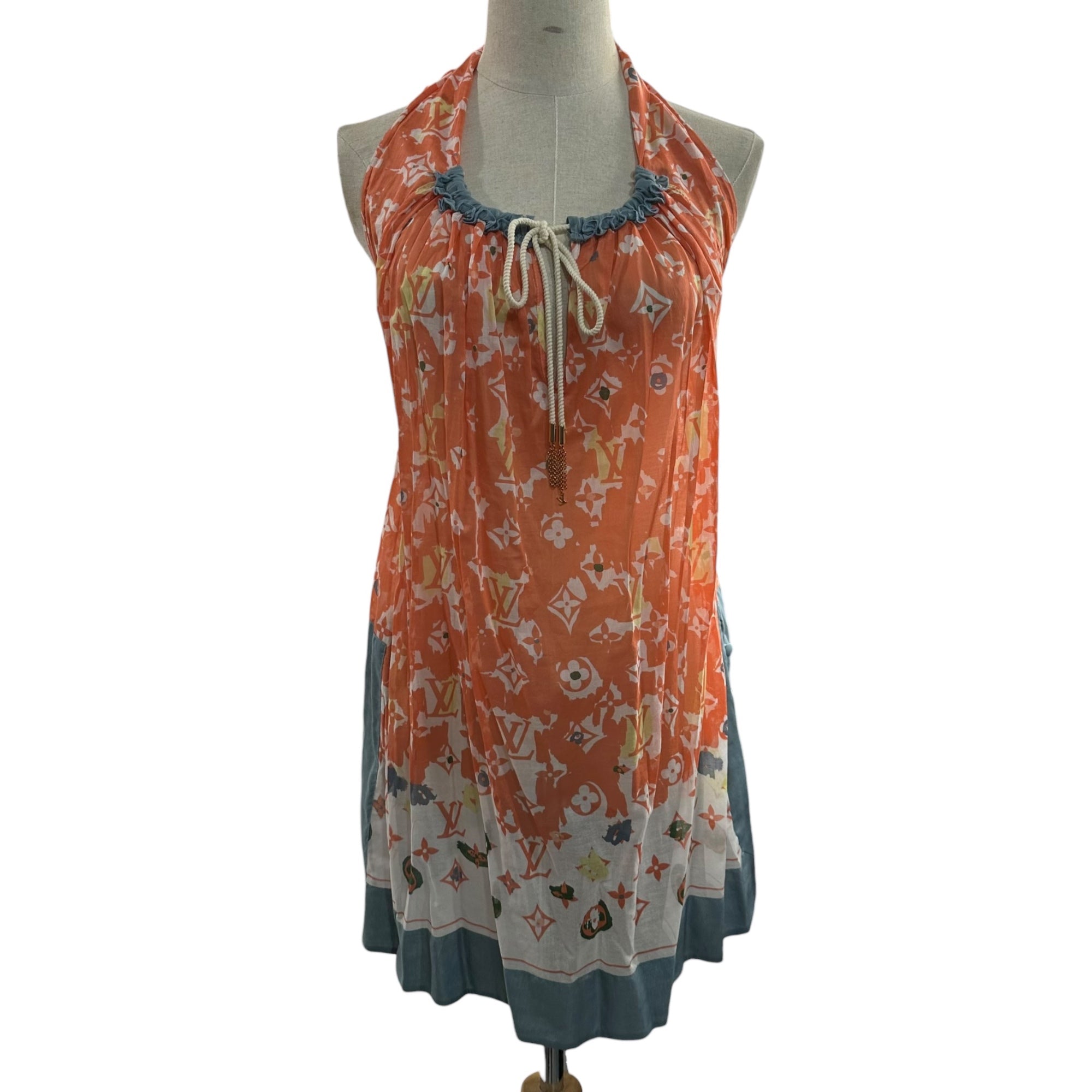 LOUIS VUITTON(ルイヴィトン) Halter-Neck Monogram Mini Dress ホルターネック モノグラム ミニ ワンピース RW101W WQDR04BHA 34 オレンジ×スカイブルー×ホワイト ノースリーブ ドレス