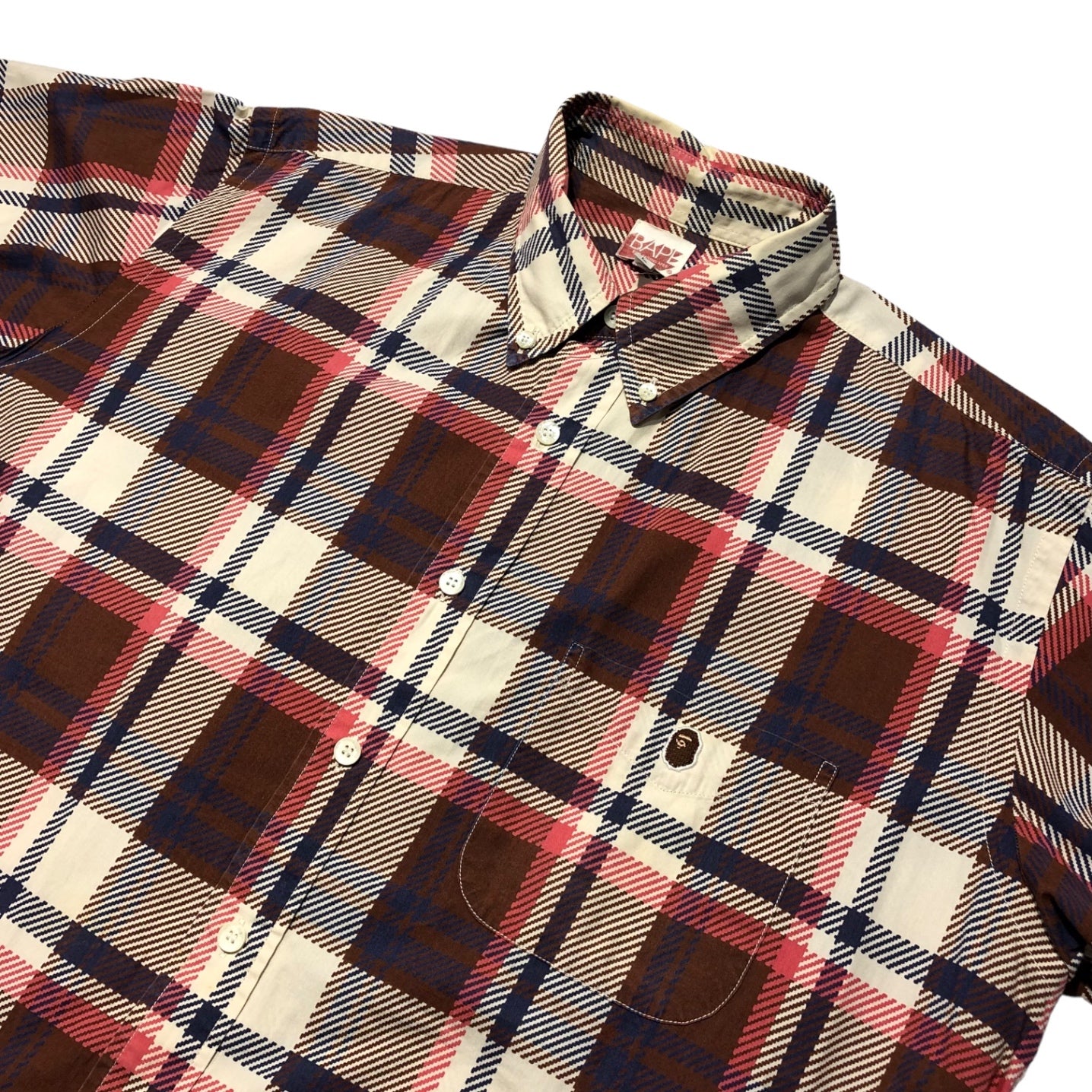 A BATHING APE(アベイシングエイプ) 00's BAPE check short sleeve shirt チェック 半袖シャツ L アイボリー×レッド