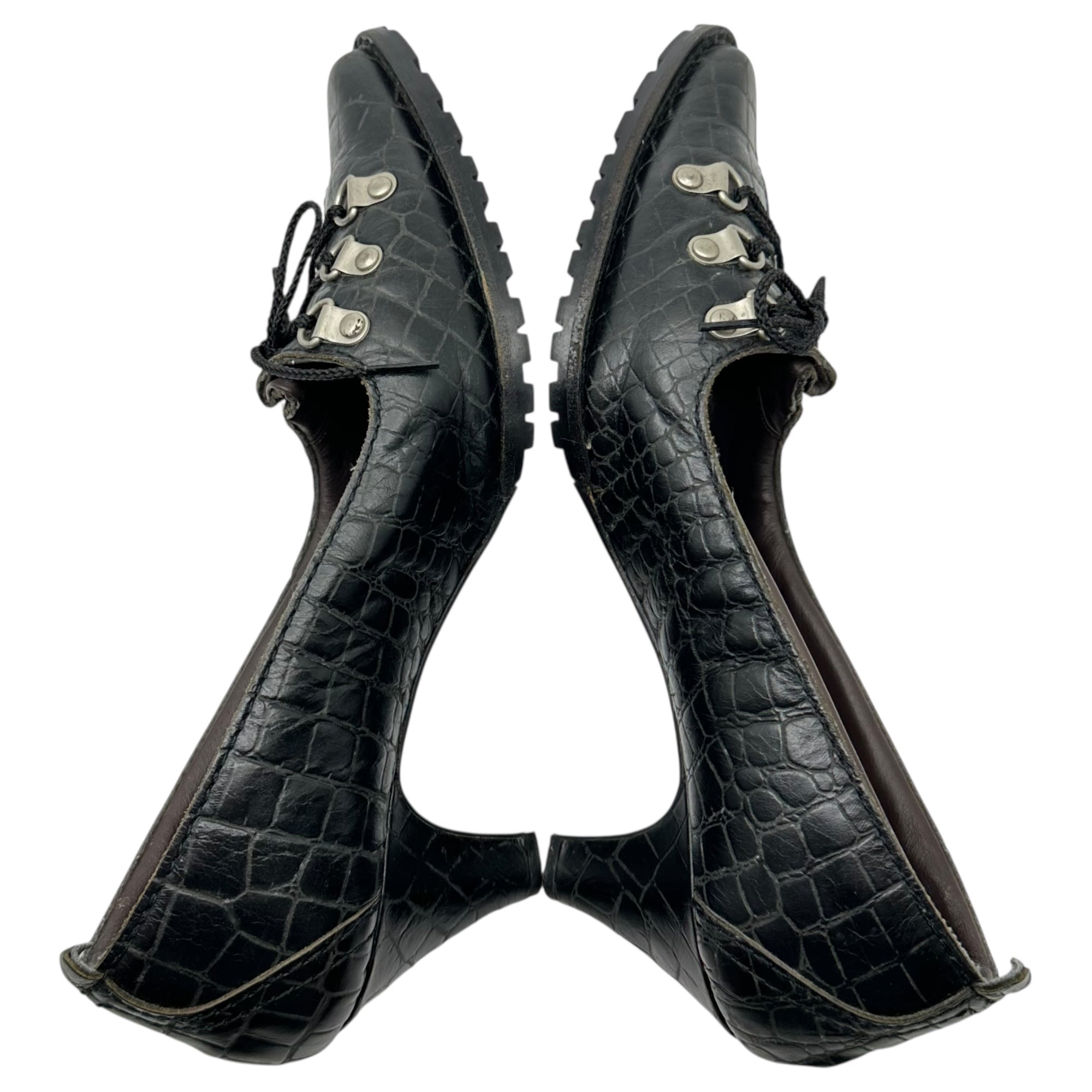 COMME des GARCONS JUNYA WATANABE(コムデギャルソンジュンヤワタナベ) 05AW Crocodile embossed trekking lace-up pointed toe heel pumps クロコ 型押し トレッキング レースアップ ポインテッドトゥ ヒール パンプス L ブラック