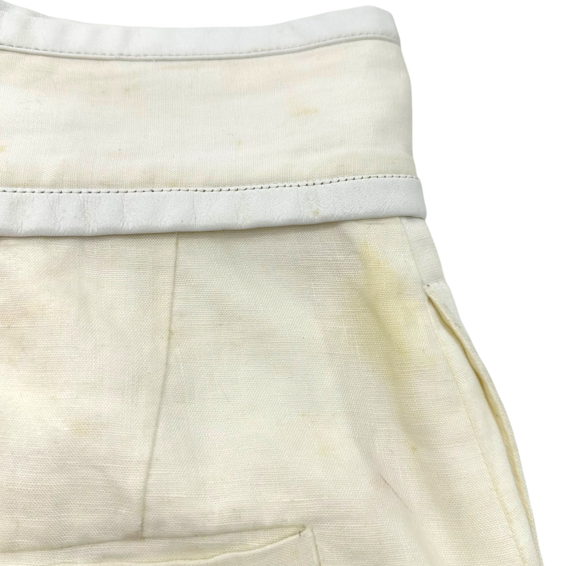 CELINE(セリーヌ) By PHOEBE Waistband Leather-Trimmed Linen Wide-Leg Pants フィービー期 ウエスト レザー 切替 リネン ワイド パンツ 21P32 40(L程度) オフホワイト アーカイブ