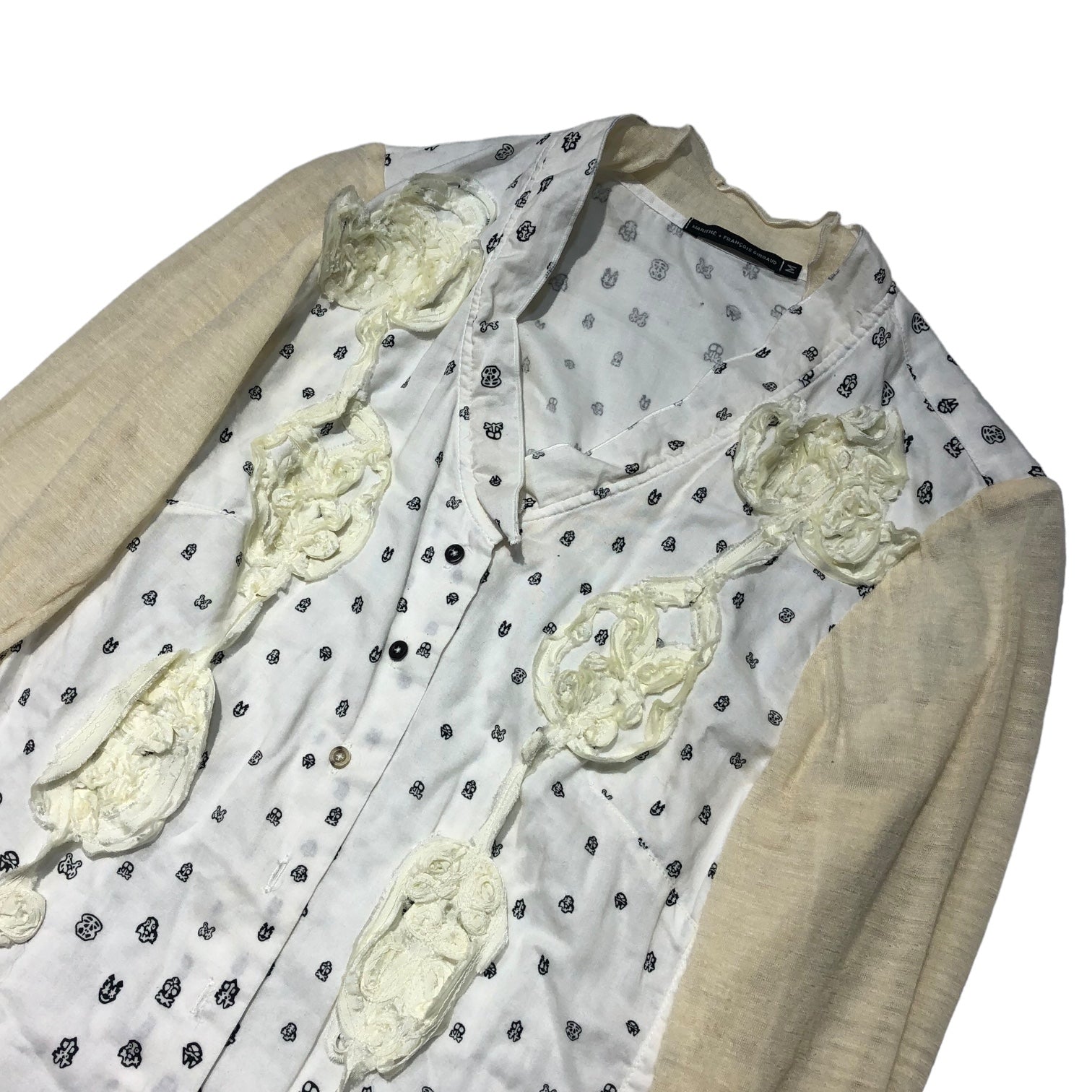 MARITHE FRANCOIS GIRBAUD(マリテフランソワジルボー) 00's lower knit switching shirt フラワー ニット 切替 シャツ F7-5209 M ホワイト×アイボリー Y2K ドクロ柄 ブラウス