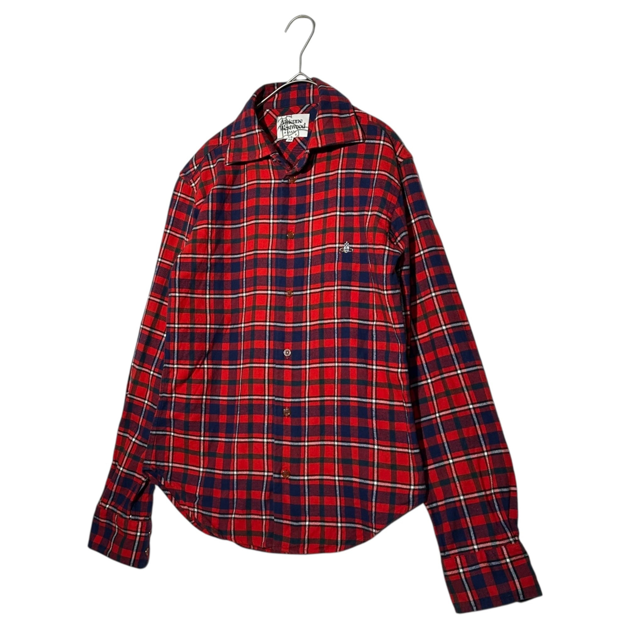 Vivienne Westwood MAN(ヴィヴィアンウエストウッドマン) One-point Check L/S Neck Shirt ワンポイント チェック 長袖 ネルシャツ VW-CR-83745 44(XS程度) レッド×ネイビー