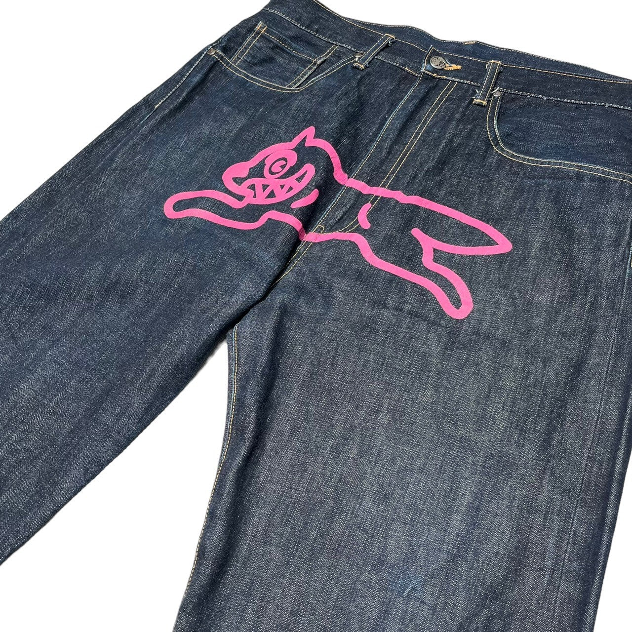 BILLIONAIRE BOYS CLUB(ビリオネアボーイズクラブ) Running dog print denim pants ランニングドッグ プリント デニムパンツ 稀少 L インディゴ×ピンク パッチ外れ