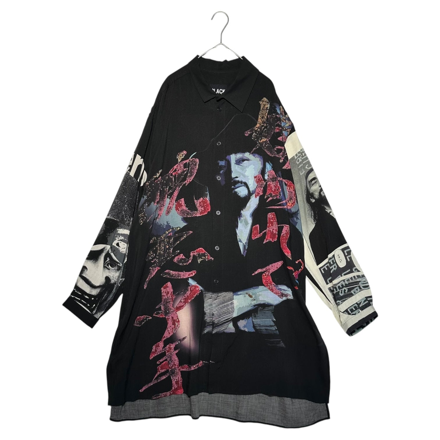 BLACK Scandal Yohji Yamamoto(ブラックスキャンダルヨウジヤマモト) 18AW "嫌われて醜悪中年" Asymmetric collar print blous アシンメトリー 襟 プリント ロング シャツ HV-B55-824 2 ブラック OU-テンセル I-アシメ衿プリント-B・ミックス