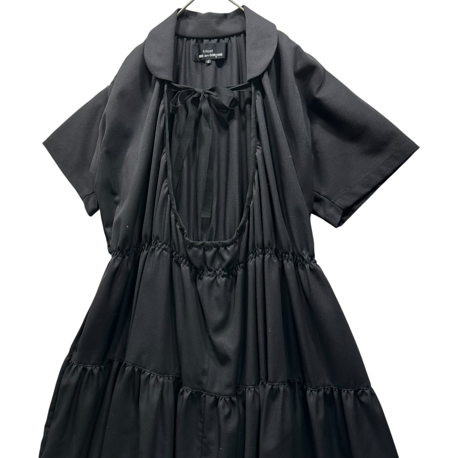 tricot COMME des GARCONS(トリココムデギャルソン) 20SS Front-Open Round-Neck S/S Gathered Dress フロント オープン 丸襟 半袖 ギャザー ワンピース TE-O002 S ブラック AD2019
