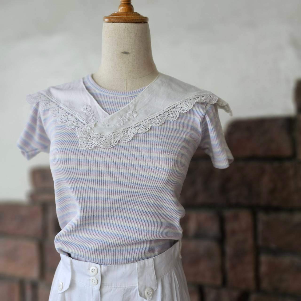 Euro vintage(ヨーロッパヴィンテージ) 70's~pale blue pink white pin stripe mini tee ペールトーンなミニTシャツ Sサイズ マルチカラー