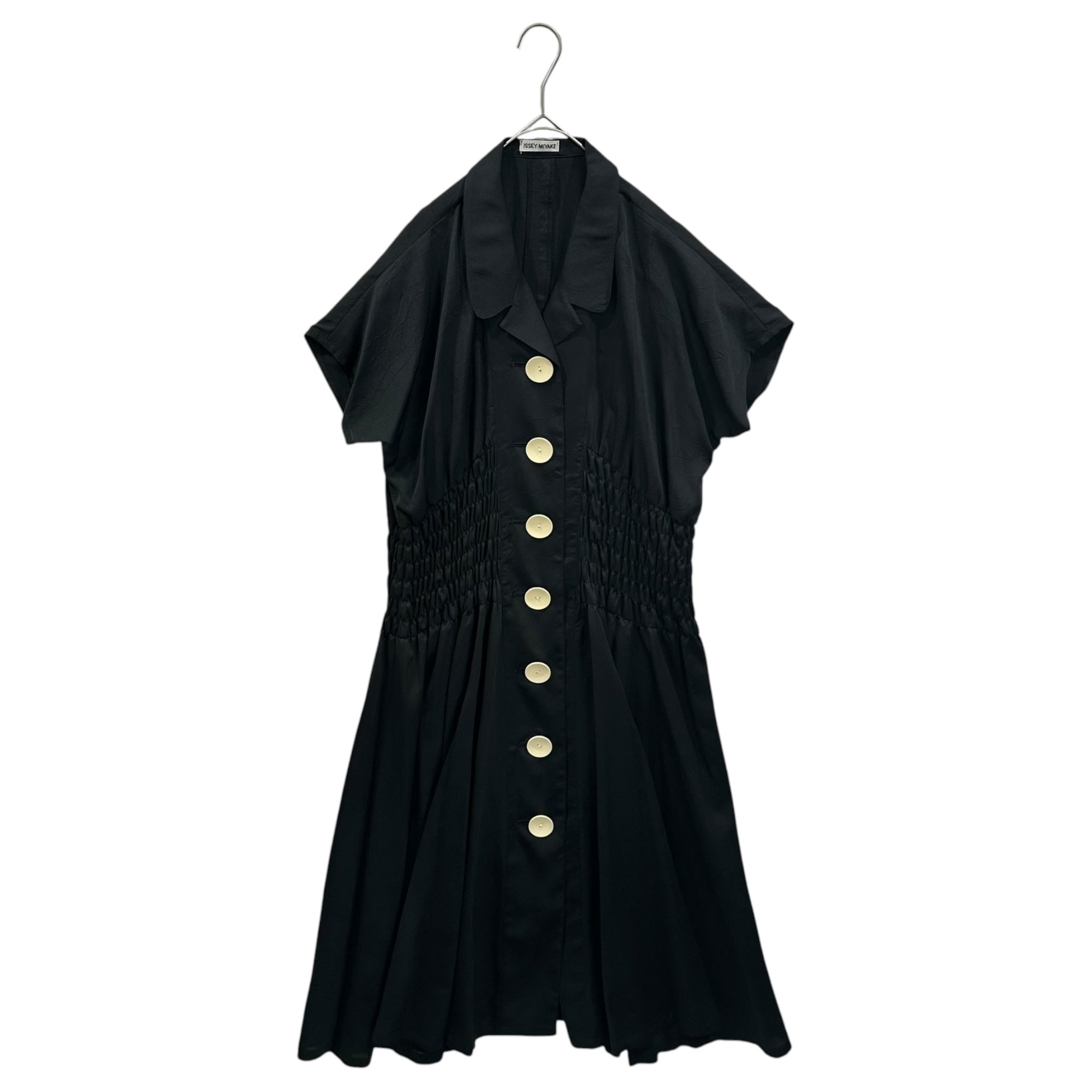 ISSEY MIYAKE(イッセイミヤケ) 1992SS Big Buttons Gathered Waist S/S Dress ビッグ ボタン ウエスト ギャザー 半袖 ワンピース ME21-FF028 S ブラック 90's 90年代 レーヨン