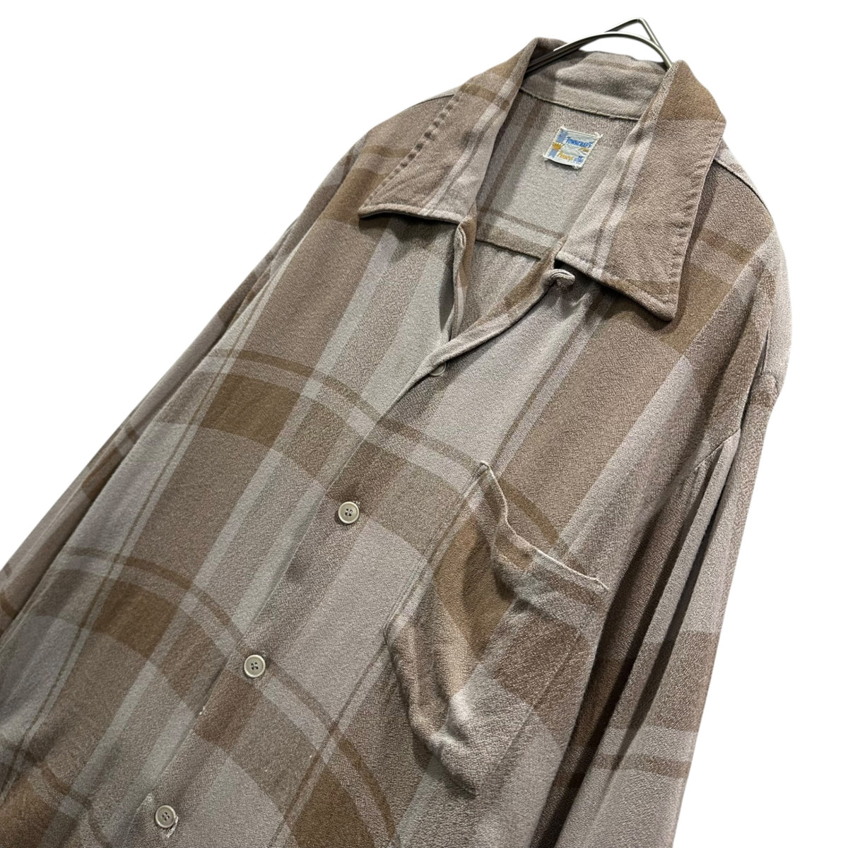 TOWNCRAFT Plus(タウンクラフトプラス) 1960's Ombre Check Rayon Gabardine Open Collar Shirt オンブレ チェック レーヨンギャバジン オープンカラー シャツ M ベージュ×ブラウン 60年代後半 ヴィンテージ 開襟