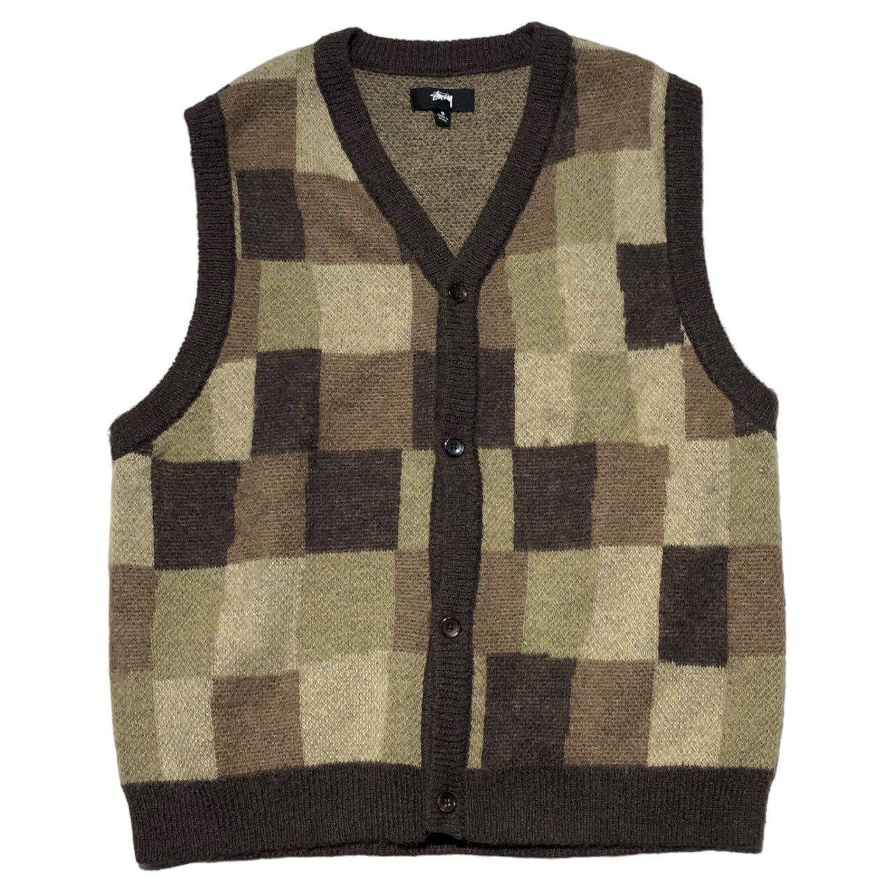 STUSSY(ステューシー) wobbly check sweater vest チェック セーター ベスト モヘヤ混 S カーキ×ブラウン×ベージュ