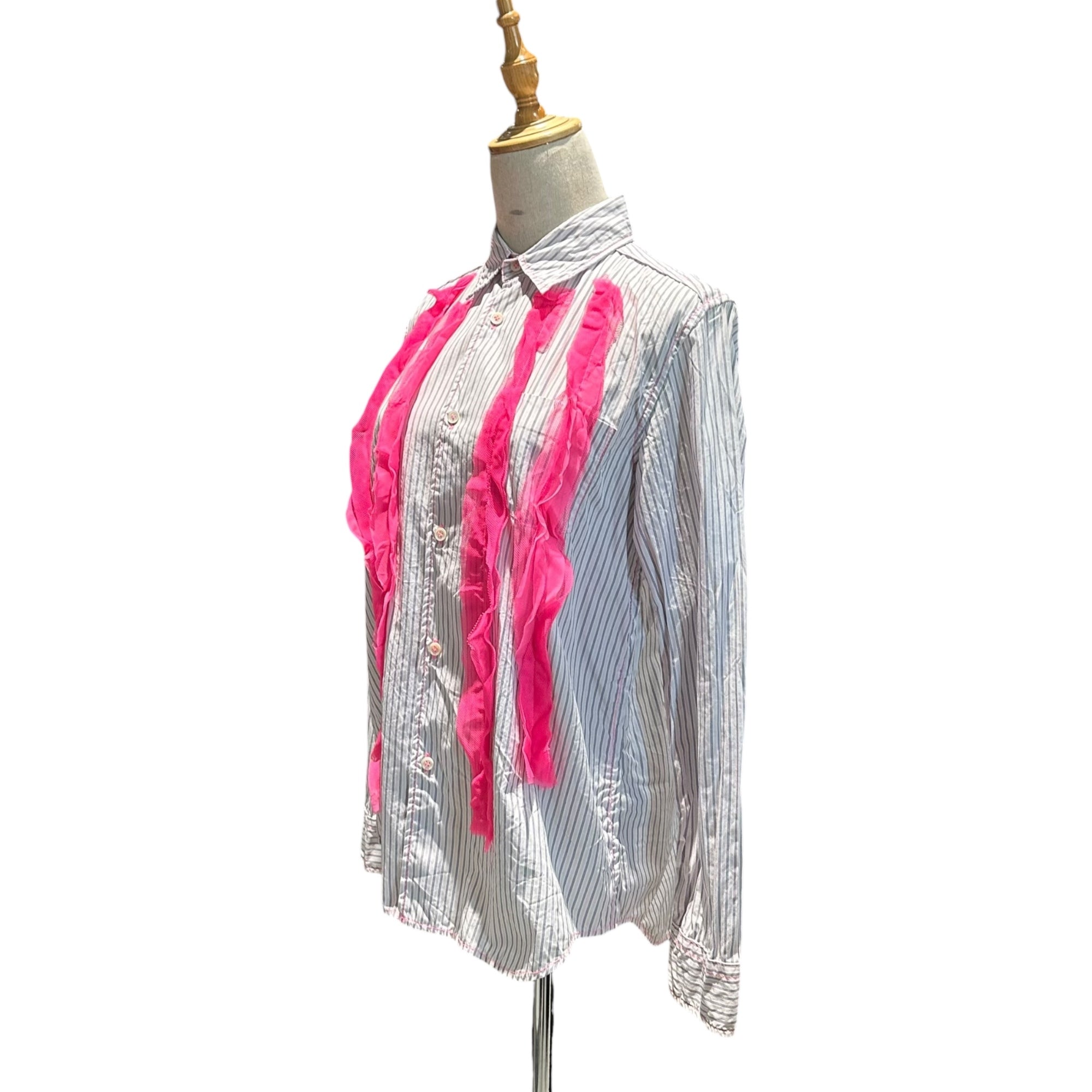 TAO COMME des GARCONS(タオコムデギャルソン) 10SS Dyeing and finishing Lace decoration Striped shirt 染色加工 レース装飾 ストライプ シャツ 3E-B005 M ライトブルー×ピンク AD2009