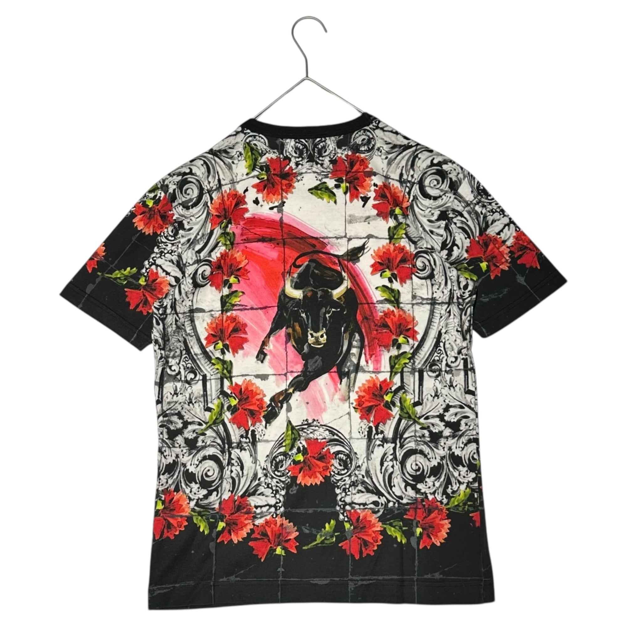 DOLCE&GABBANA(ドルチェ&ガッバーナドルガバ) Flower & Bull Graphic T-Shirt フラワー&ブル グラフィック Tシャツ G8FE9T G7DKH 44(XS程度) ホワイト×レッド 花 牛
