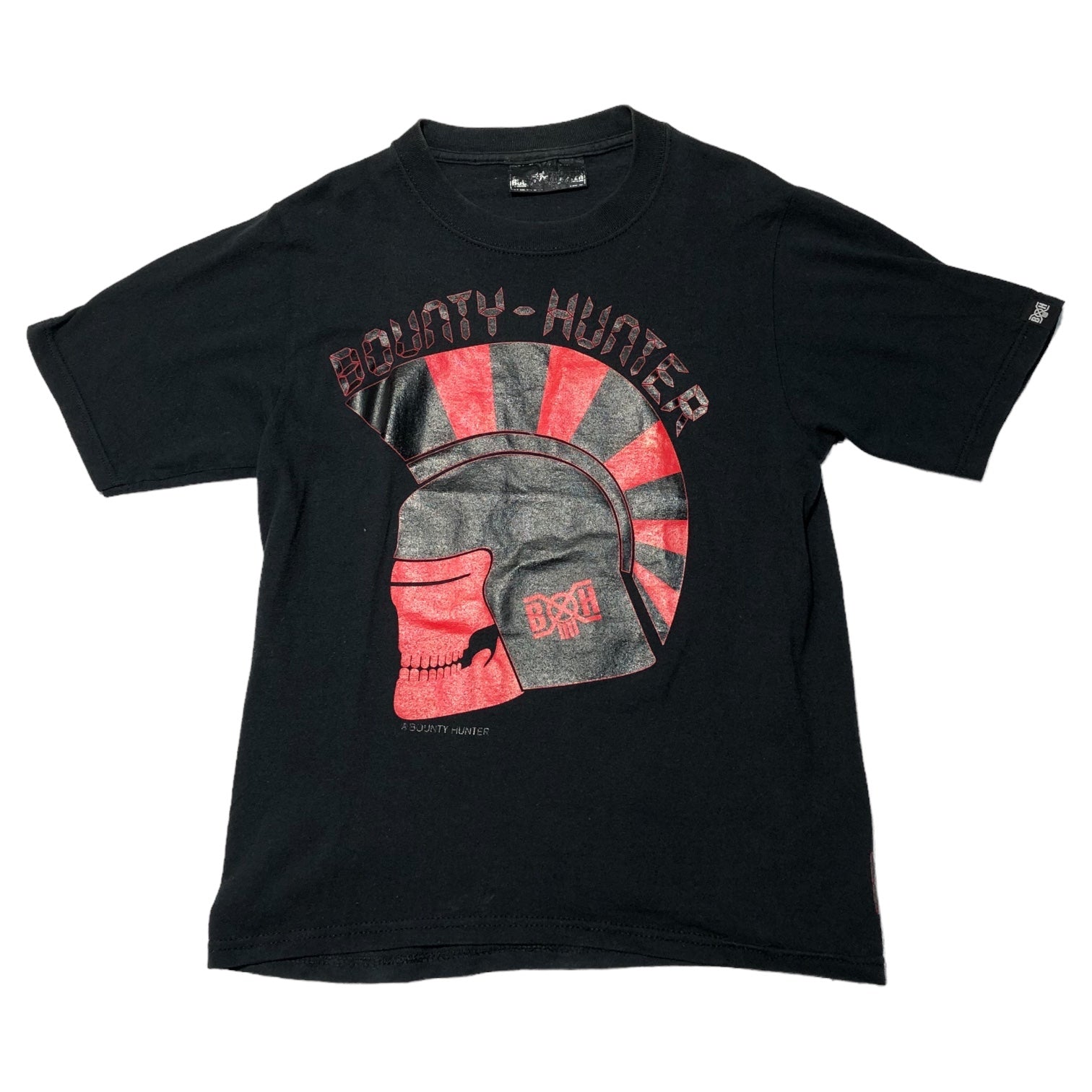 BOUNTY HUNTER(バウンティーハンター) mohawk helmet skull t-shirt モヒカンヘルメットスカルTシャツ 印字消え(S程度) ブラック×レッド