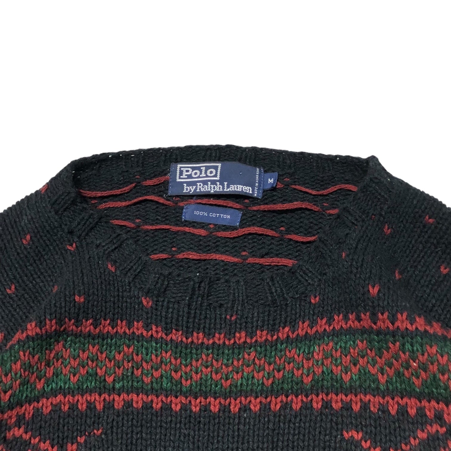 POLO RALPH LAUREN(ポロラルフローレン) 90’s nordic pattern logo knit ノルディック 柄 ロゴ ニット M ネイビー×レッド 90年代 コットン ヴィンテージ クルーネック