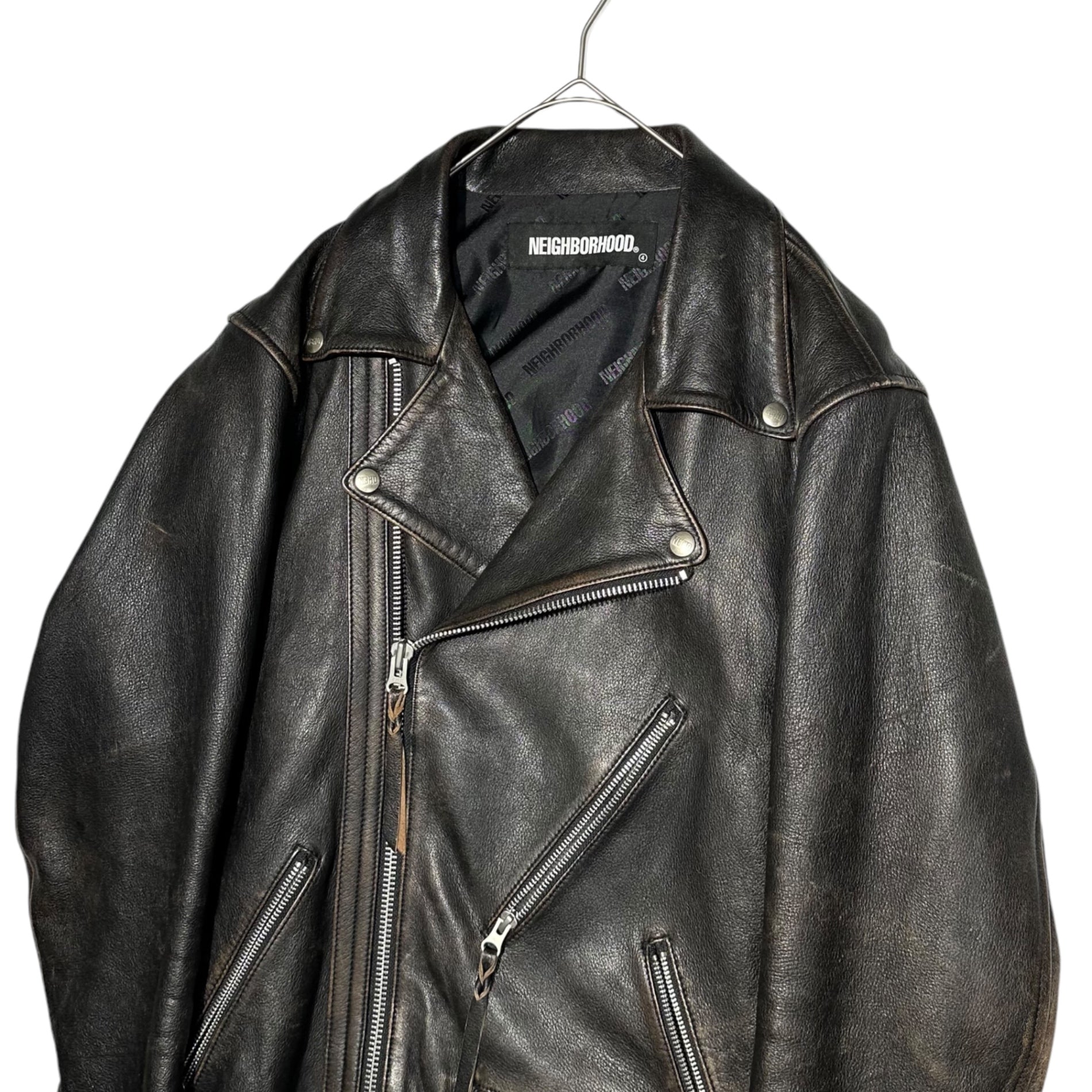 NEIGHBORHOOD(ネイバーフッド) CYCLE/SL-JKT サイクル ライダース ジャケット 202SZNH-JKM02 L ブラック×ブラウン ラムレザー ヴィンテージ加工