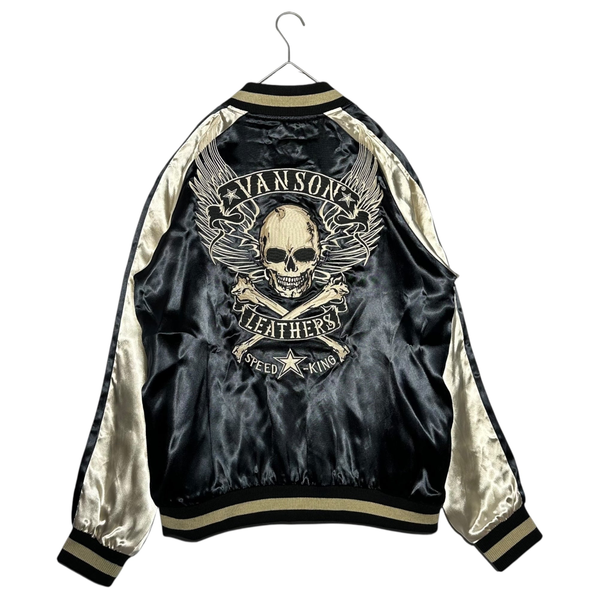 VANSON(バンソン) Wing Skull Reversible Souvenir Jacket ウィング スカル 刺繍 リバーシブル スーベニア ジャケット NV JK-701 L ブラック×ホワイト スカジャン ブルゾン 骸骨