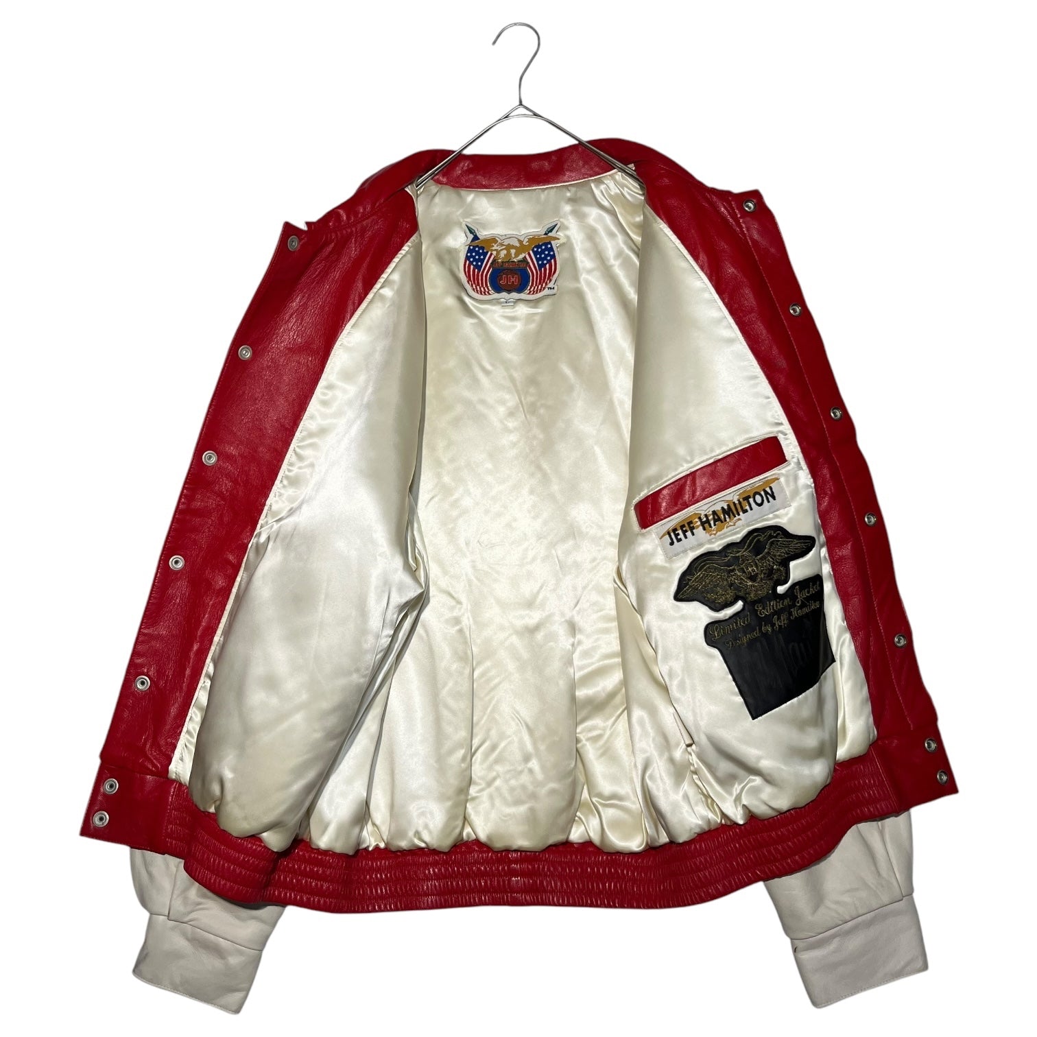 Jeff Hamilton(ジェフハミルトン) 1996 "NBA 50" BULLS Leather LIMITED EDITION JACKET ブルズ レザー スタジアム ジャケット L レッド×ホワイト 90's 90年代 スタジャン 90年代 マイケル ジョーダン ジェフハミルトンサイン入り
