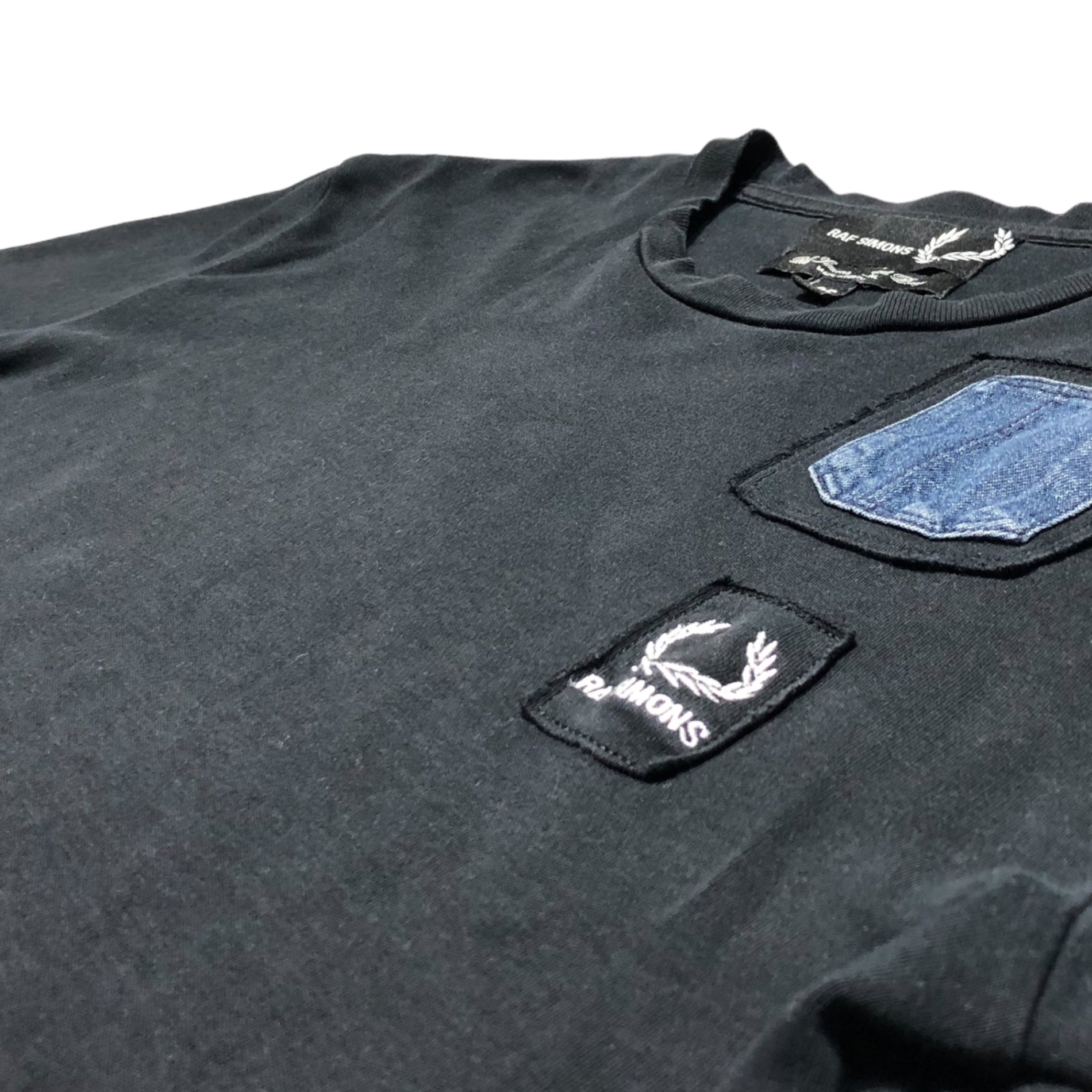 RAF SIMONS×FRED PERRY(ラフシモンズ×フレッドペリー) Denim pocket logo patch T-shirt デニム ポケット ロゴ ワッペン 半袖 Tシャツ SM1418 36(S程度) ブラック