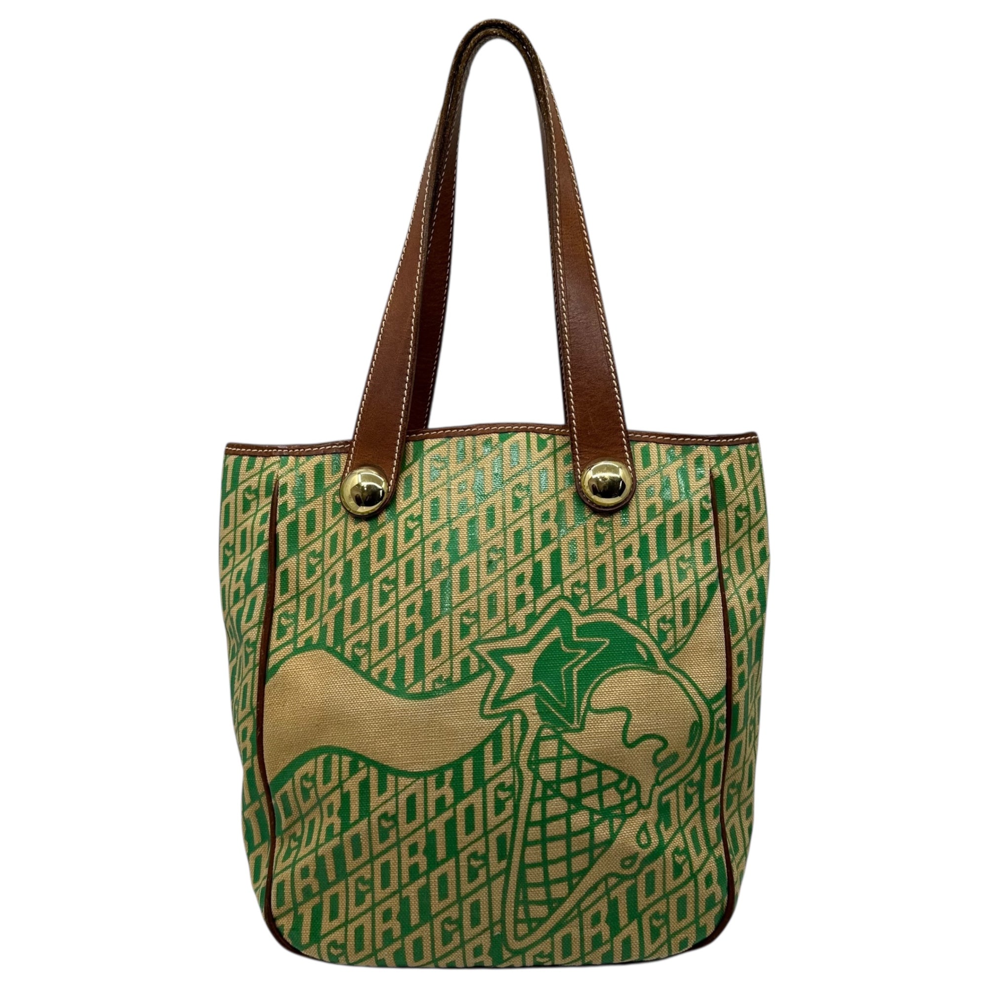 Corto Moltedo(コルトモルテド) Logo All-Over Print Canvas Leather Tote Bag ロゴ 総柄 キャンパス レザー トート バッグ グリーン×ベージュ