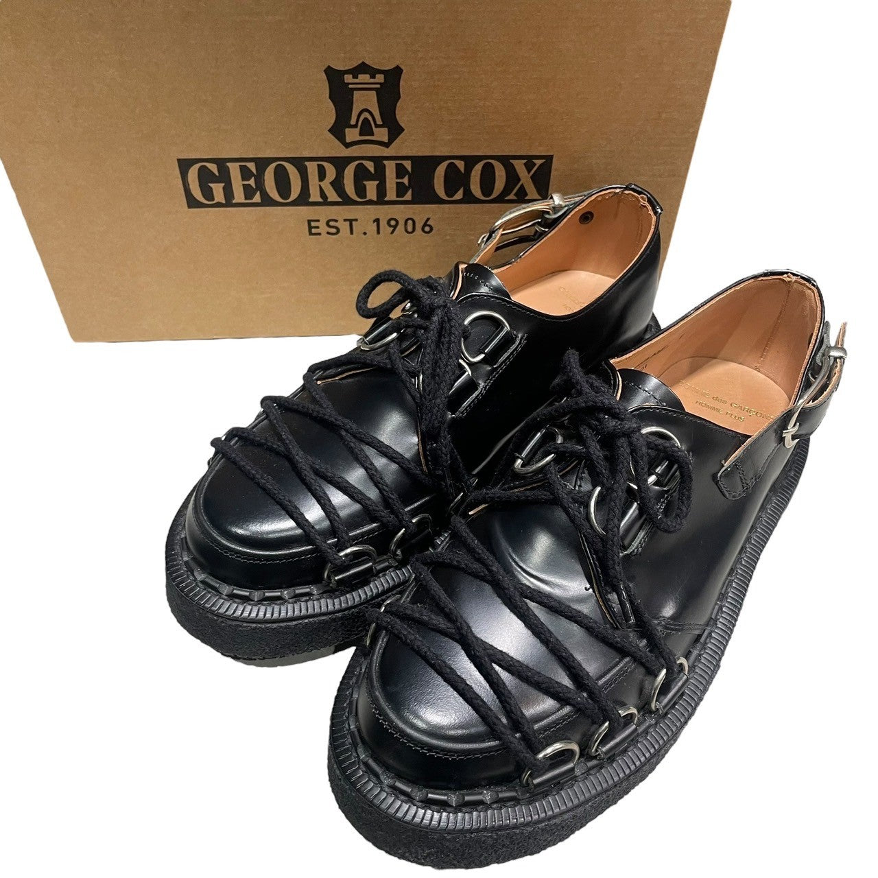 COMME des GARCONS HOMME PLUS × GEORGE COX(コムデギャルソンオムプリュス × ジョージコックス) 19AW D RING BUCKLE Bondage lace-up rubber sole leather shoes Dリング バックル ボンテージ レースアップ ラバーソール レザー シューズ PD-K122-001 UK7(26~26.5cm程度) ブラック 参考定価82,500円(税込) 箱付