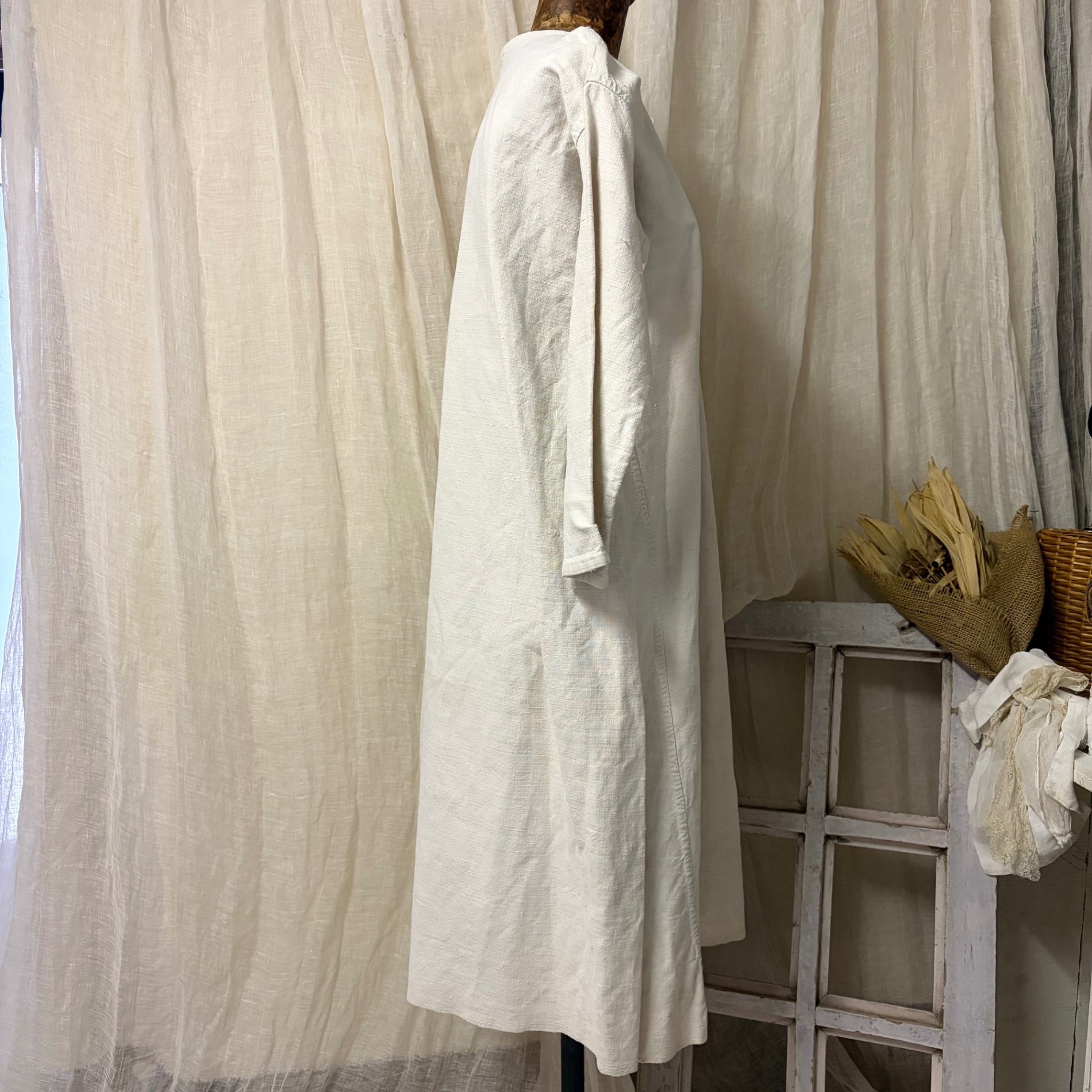 Euro antique(ヨーロッパアンティーク) 20's~ 「M C」 name stich frenchcotton onepiece ネーム刺繍入りフレンチリネンワンピース 表記無し(Lサイズ程度) ベージュ