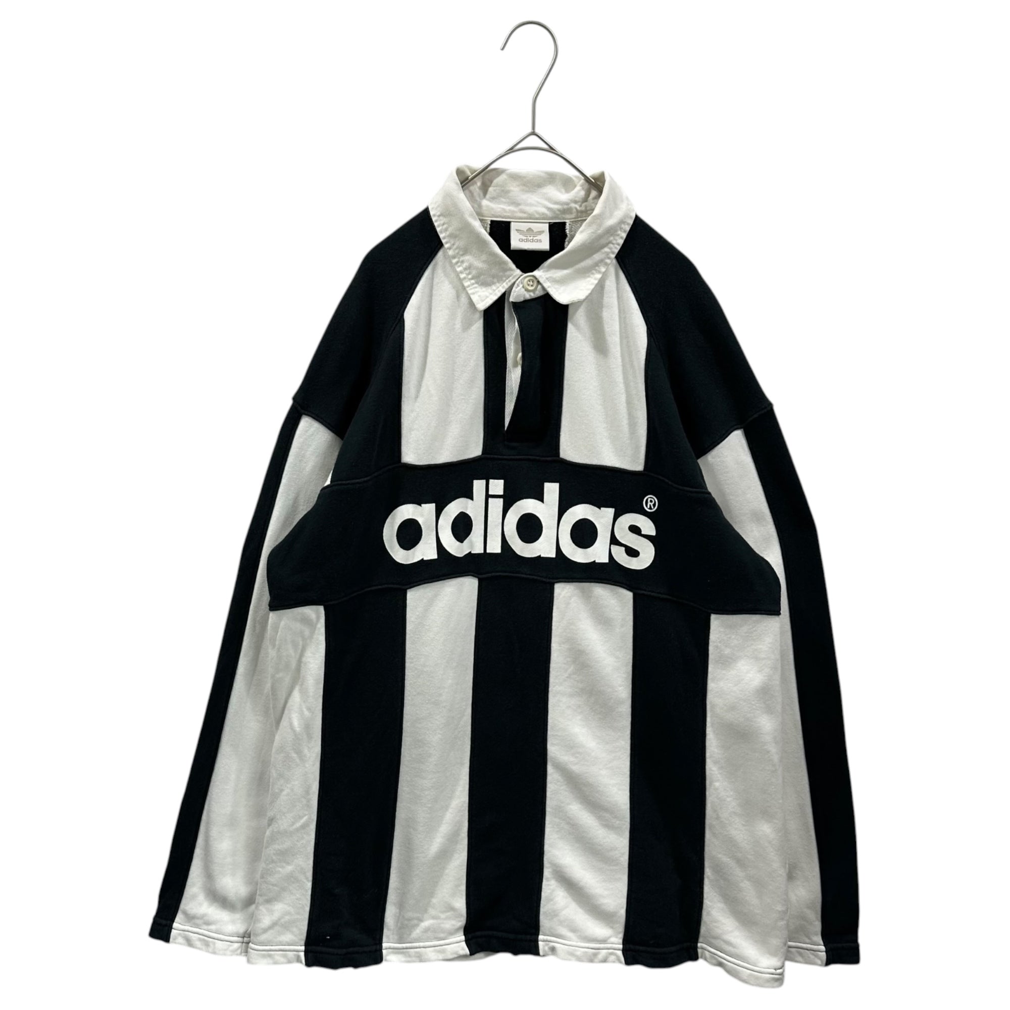adidas(アディダス) 80's~90's Logo Stripe Rugby Shirt ロゴ ストライプ ラガー シャツ AA-6217 L-O ブラック×ホワイト 80年代~90年代 ヴィンテージ デサント製 長袖