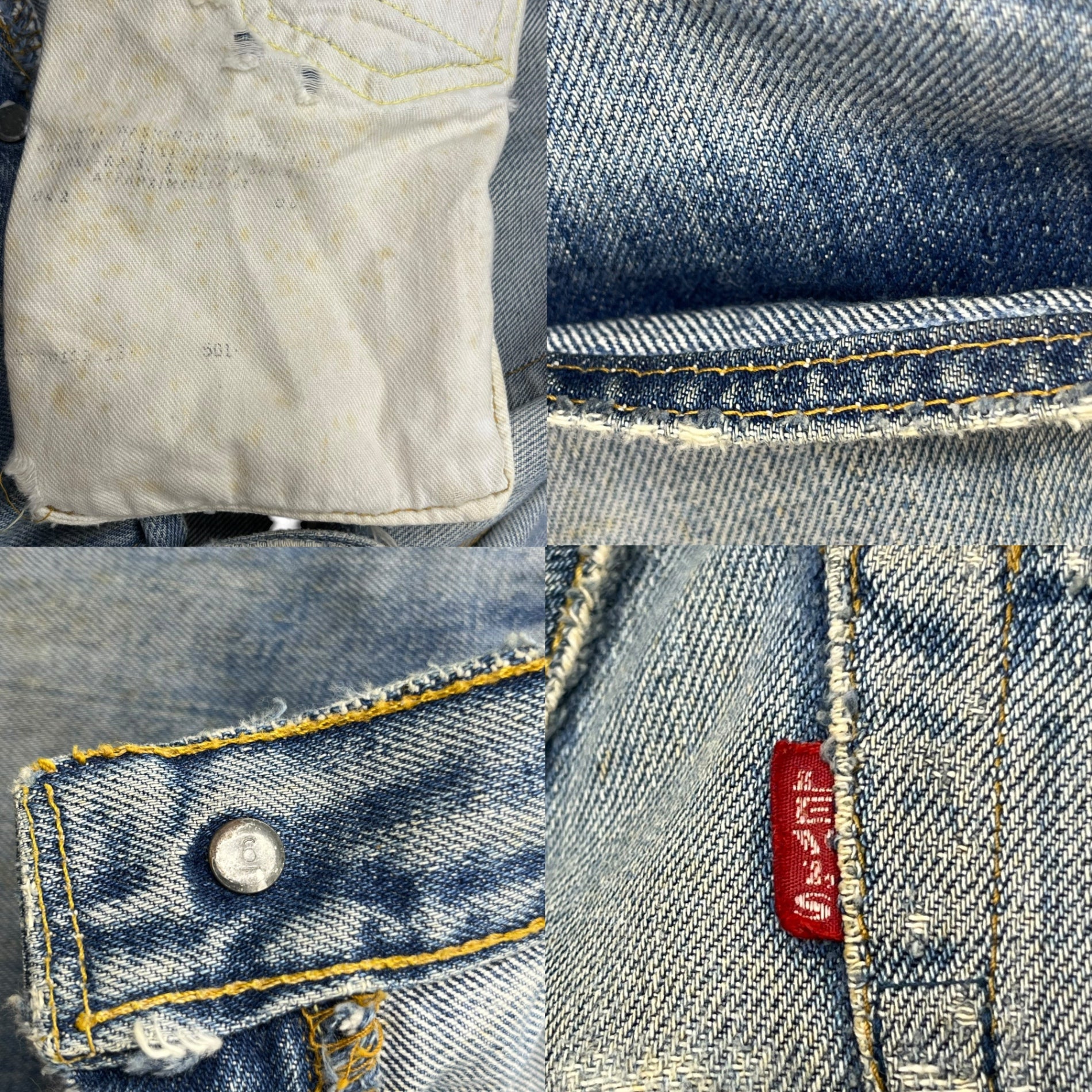 Levi's(リーバイス) 70's BIG E ~ 66前期 移行期 501 Vintage straight denim pants ヴィンテージ ストレート デニム パンツ 表記無し(実寸W28) ライトインディゴ 裏ボタン6 シングルステッチ 66BIGE