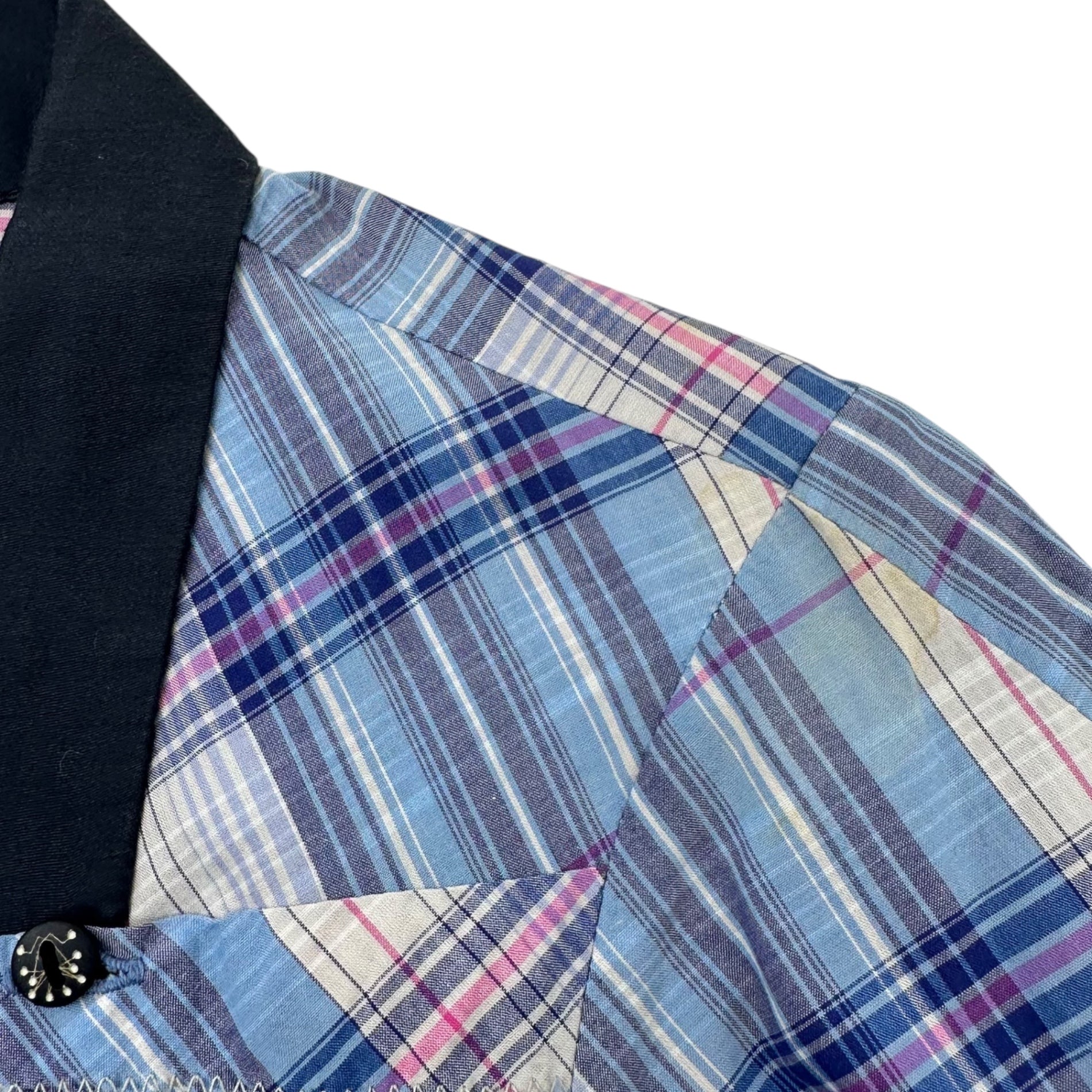 MARITHE FRANCOIS GIRBAUD(マリテフランソワジルボー) 00's Check Cleric Ribbed Hem Long Sleeve Blouse チェック クレリック 裾 リブ 長袖 ブラウス F6-9058 M ライトブルー×ネイビー