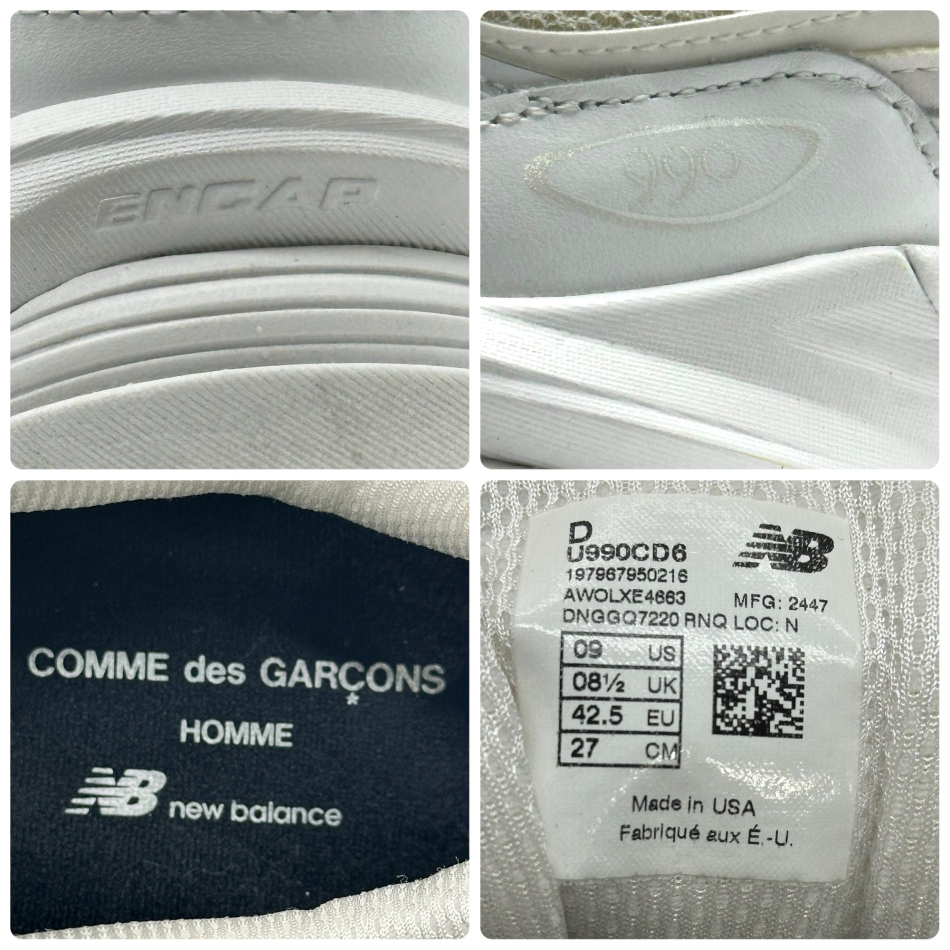 COMME des GARCONS HOMME × NEW BALANCE(コムデギャルソンオム × ニューバランス) Made in USA 990v6 ローカット メッシュ スニーカー U990CD6 27.0cm ホワイト