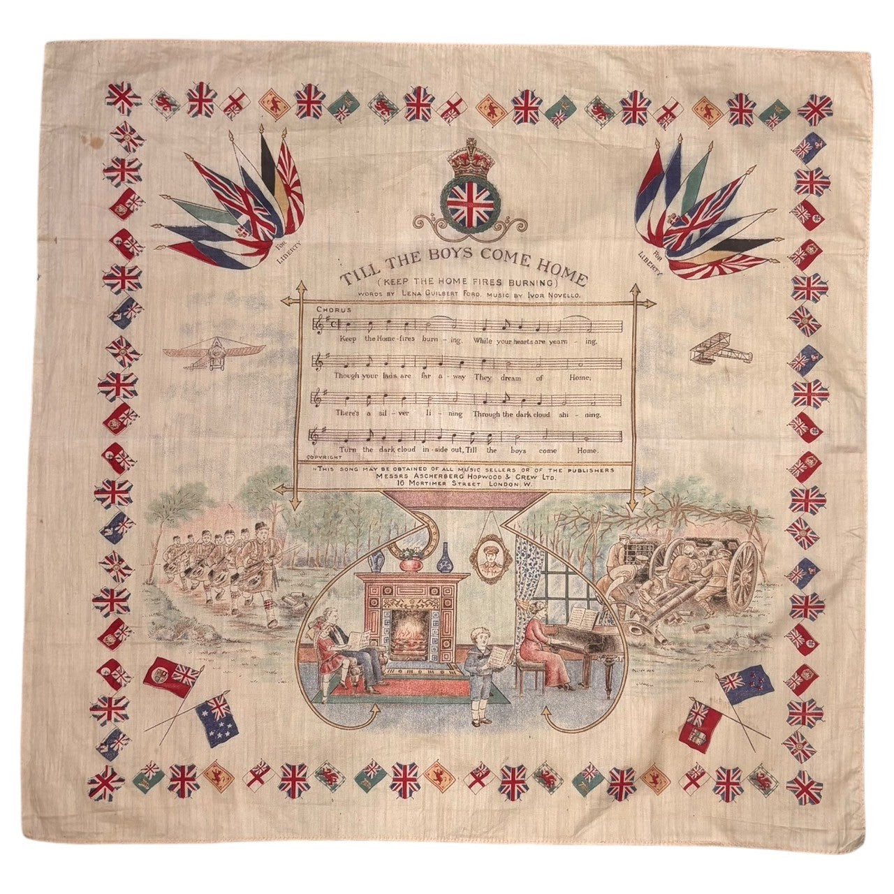 VINTAGE(ヴィンテージ) 1910's WW1 Allied Wars Printed Bandana 第一次世界大戦 プリント バンダナ ベージュ 1910年代 アンティーク TILL THE BOYS HOME