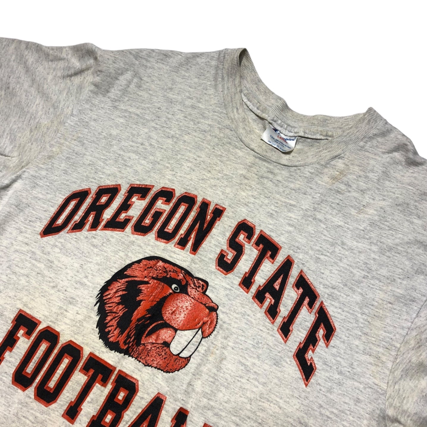 Champion(チャンピオン) 90's "OREGON STATE FOOTBALL" college print t-shirt 三段プリント ヴィンテージ Tシャツ カレッジ オレゴン L ライトグレー 90年代 USA製