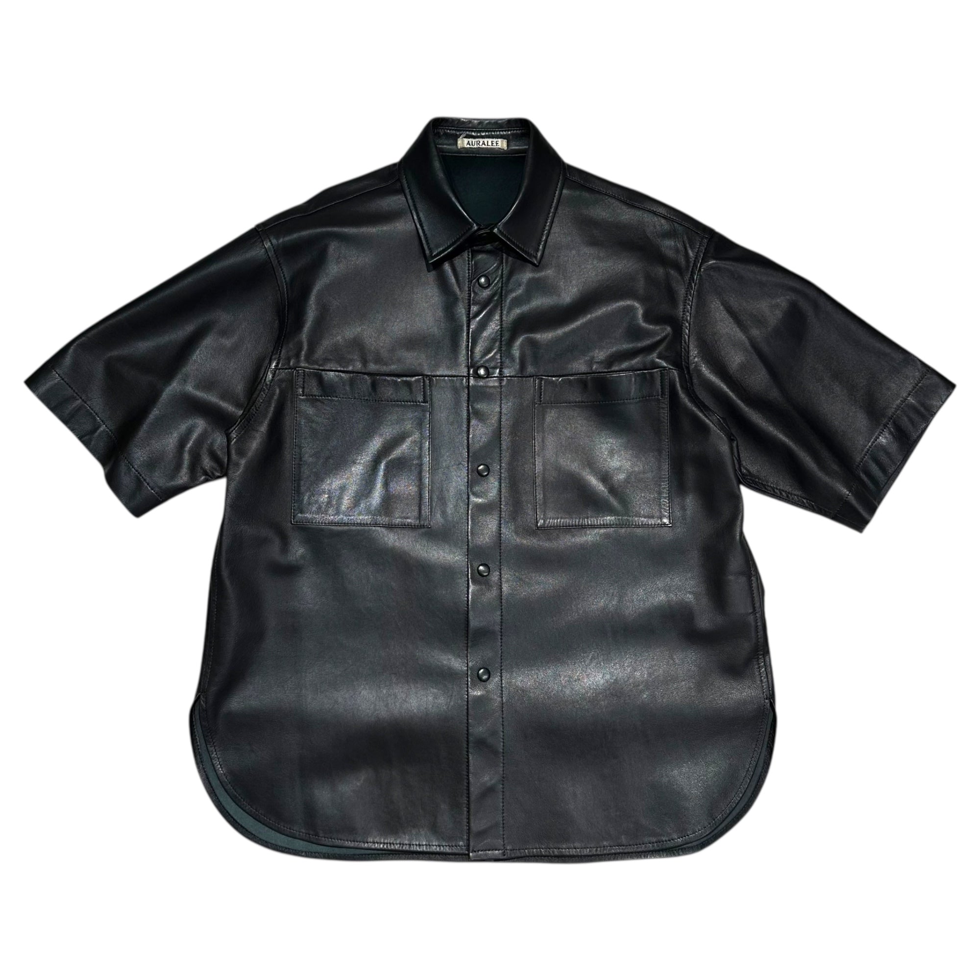 AURALEE(オーラリー) 20SS LAMB LEATHER HALF SLEEVE SHIRTS ラムレザー 半袖 シャツ ラムスキン A20SS03RL 1(ウィメンズM、メンズXS相当) ブラック