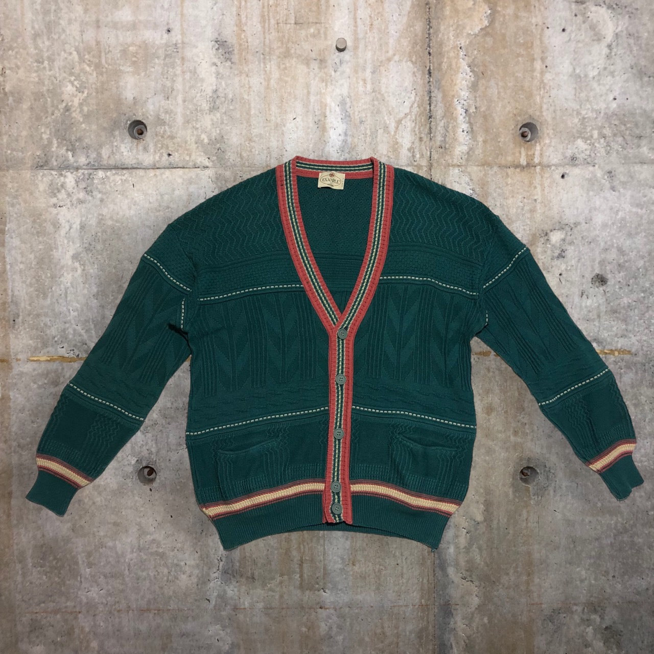 EXAMPLE BY MISSIONI(イグザンプルバイミッソーニ) 80's コットン アクリル 3D ニット カーディガン 綿 カーディガン 80年代 ヴィンテージ SIZE 50(XL程度) グリーン×ピンク