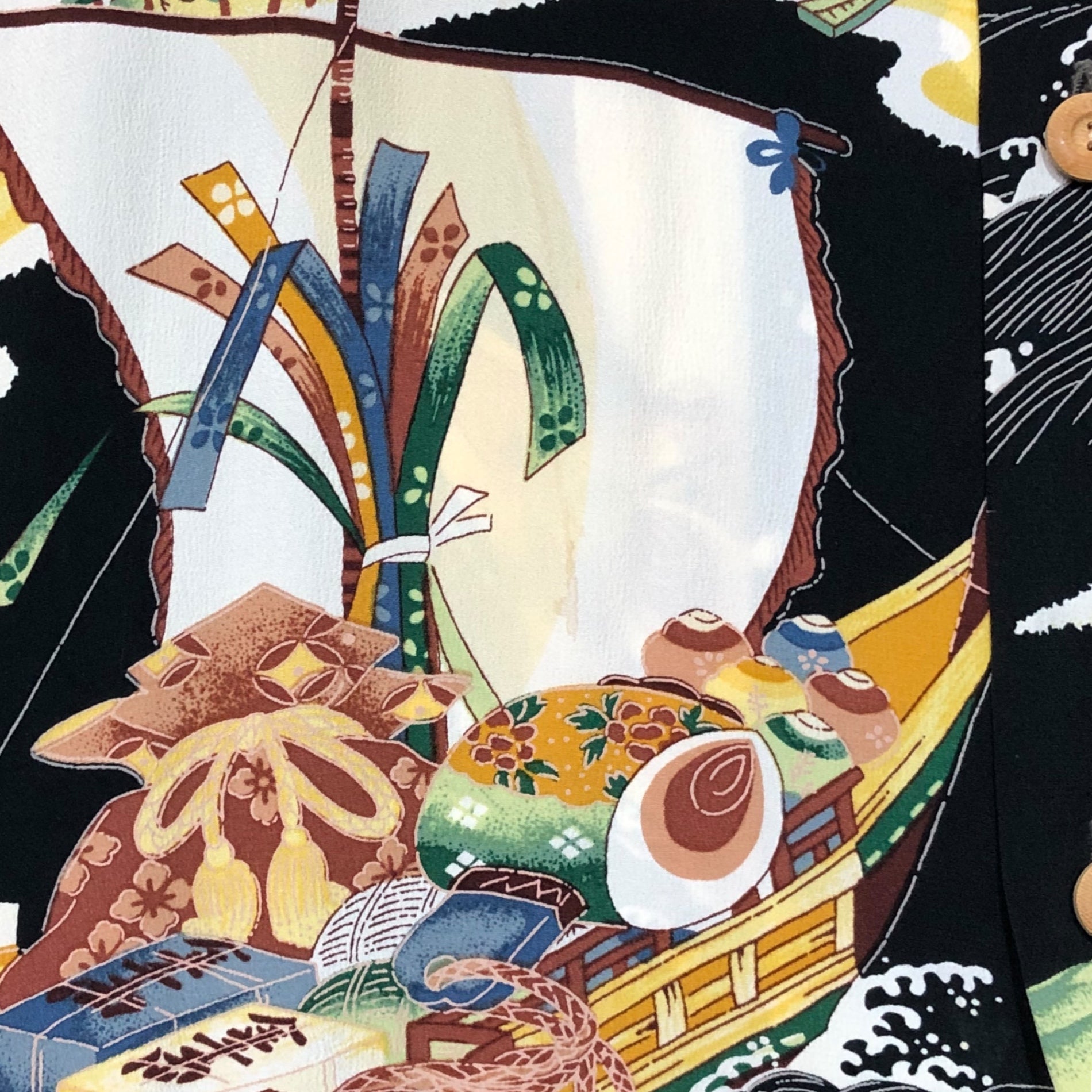 SUN SURF(サンサーフ東洋) ALOHA SACRED TREASURE SHIP 宝船 レーヨン アロハシャツ SS34175 M ブラック×イエロー 半袖