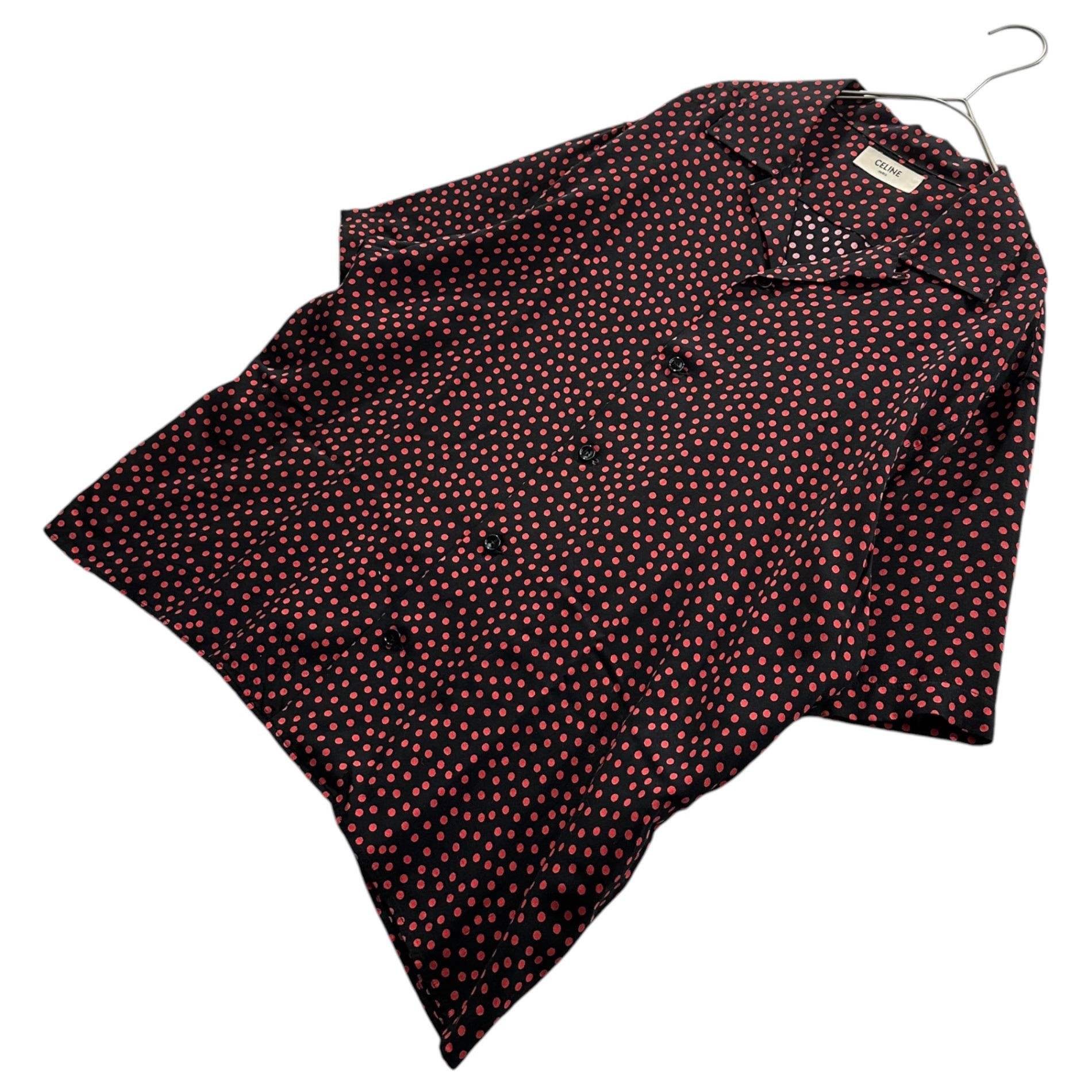 CELINE(セリーヌ) 2020SS By Hedi Slimane CLASSIC SHIRT IN DOT PRINTED VISCOSE オープンカラー ドット レーヨン 半袖 シャツ 2C036962H 40 ブラック×レッド エディ期