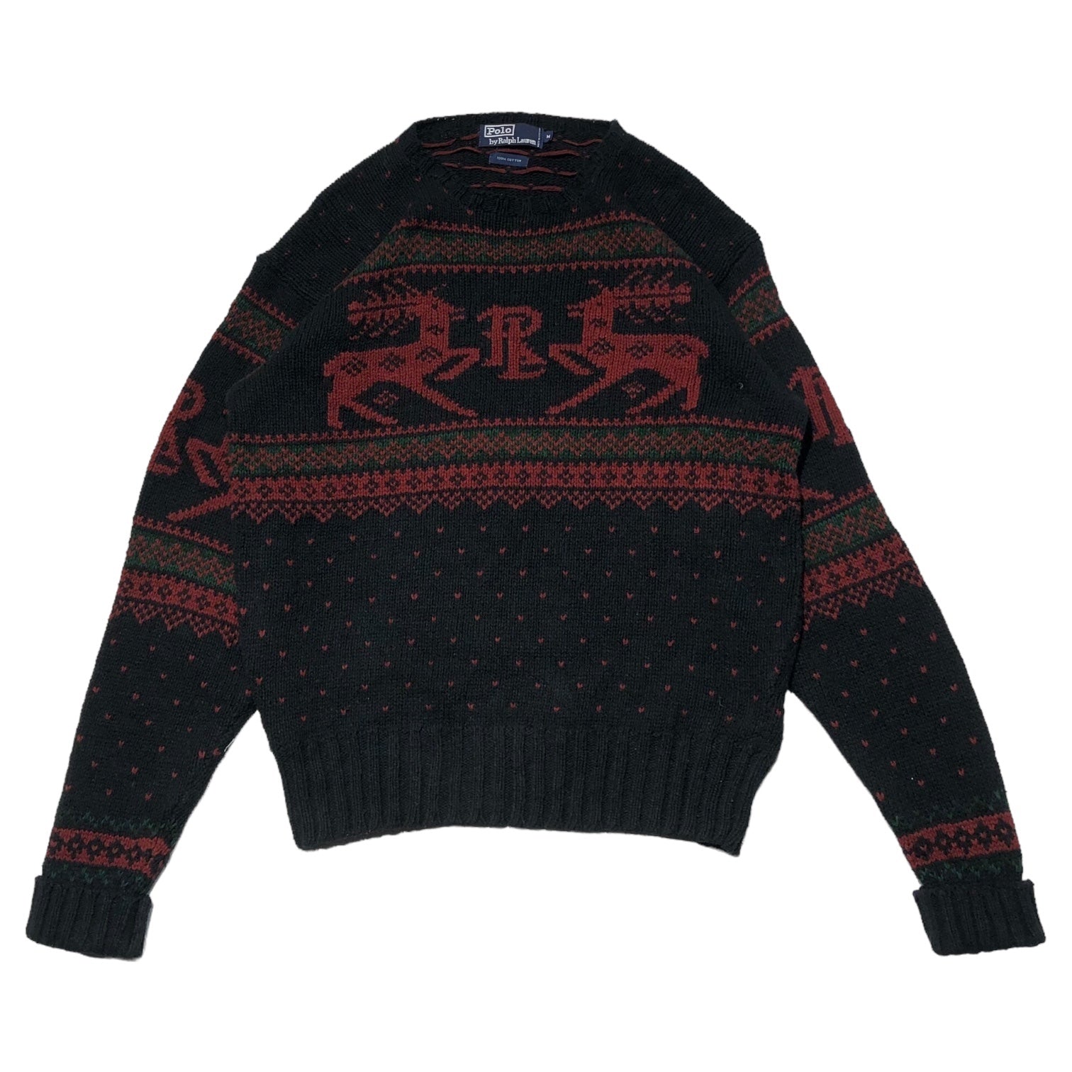 POLO RALPH LAUREN(ポロラルフローレン) 90’s nordic pattern logo knit ノルディック 柄 ロゴ ニット M ネイビー×レッド 90年代 コットン ヴィンテージ クルーネック