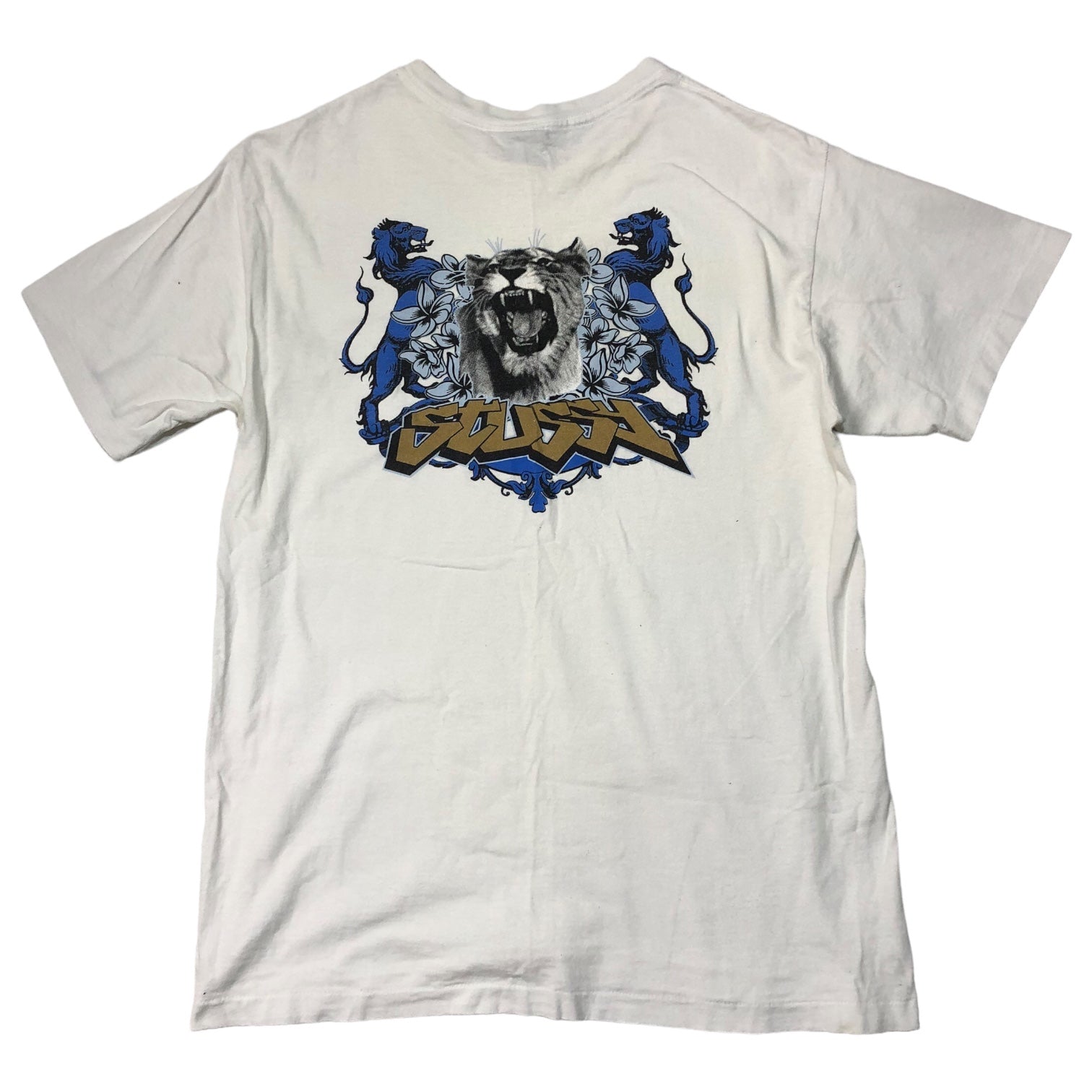 STUSSY(ステューシー) 90's~00's VINTAGE Panther x Lion Logo Tシャツ パンサー ライオン 紺タグ  SIZE M ホワイト 90~00年代 バックプリント OLD STUSSY