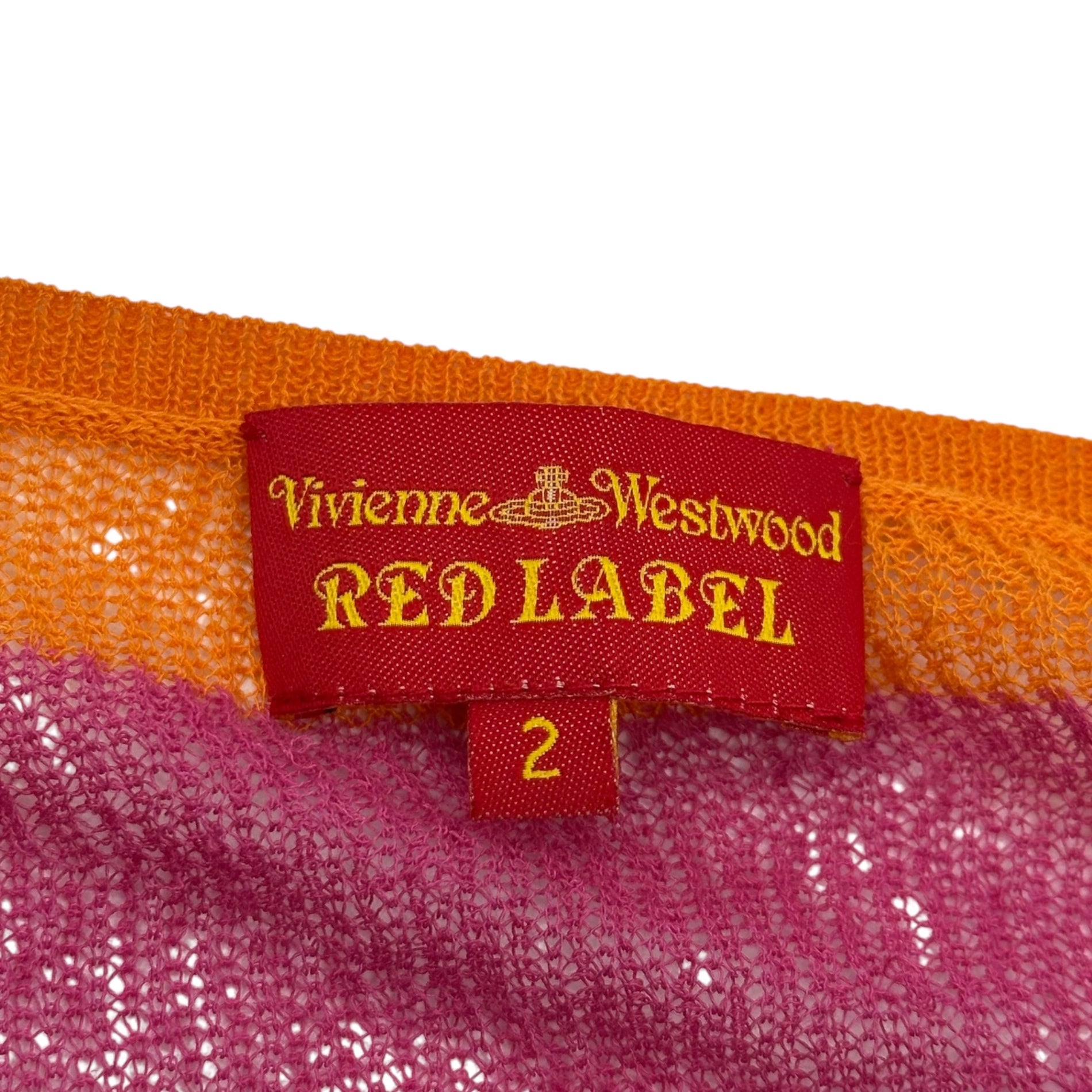 Vivienne Westwood RED LABEL(ヴィヴィアンウエストウッドレッドレーベル) 00's Orb Logo Embroidered Striped Knit Cardigan オーブロゴ 刺繍 ボーダー ニット カーディガン 357-01-14062 2 ピンク×オレンジ Y2K 薄手 メッシュ