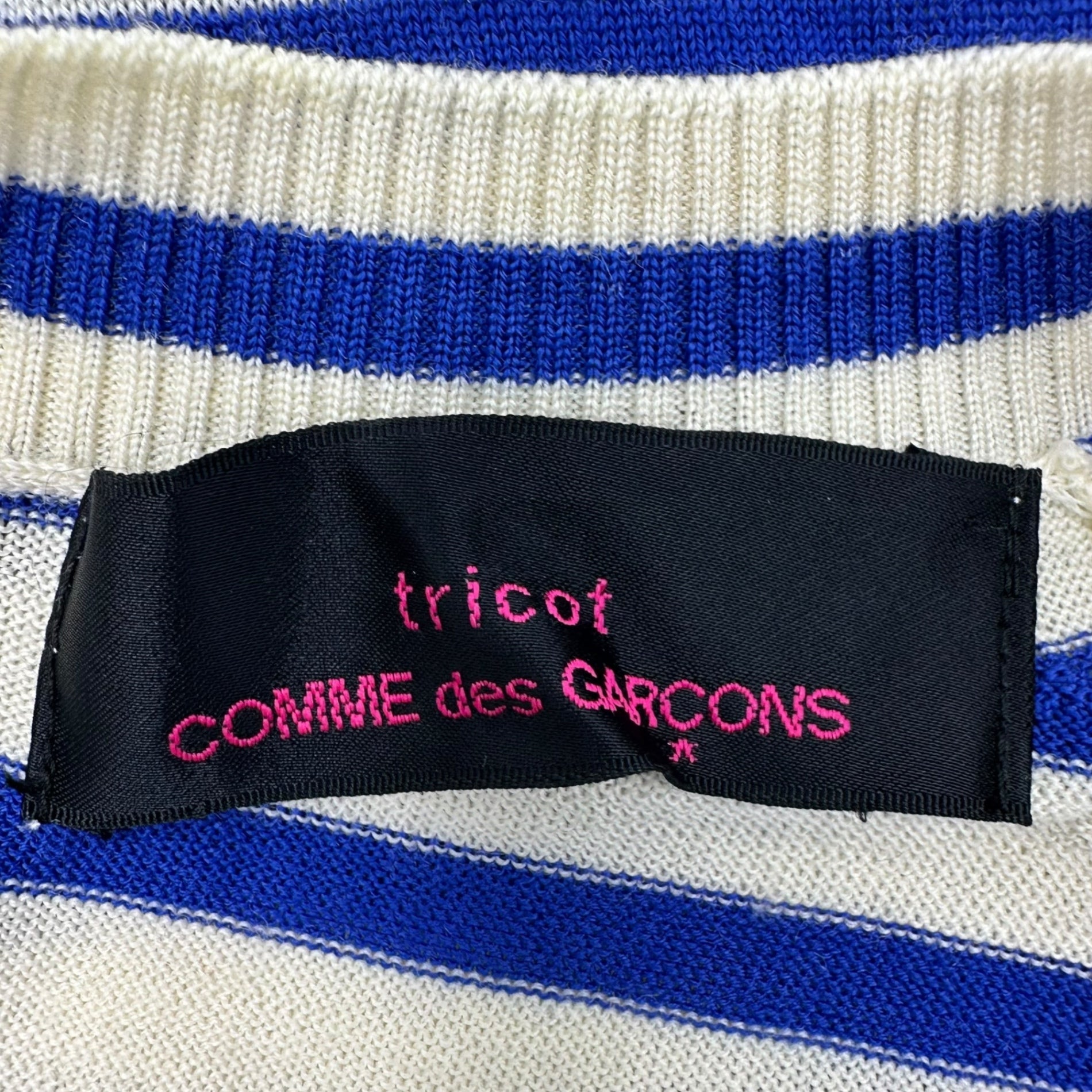 tricot COMME des GARCONS(トリココムデギャルソン) 11AW Heart lace design back button border cardigan ハート レース デザイン バックボタン ボーダー カーディガン TH-N202 FREE オフホワイト×ブルー×ブラック AD2011