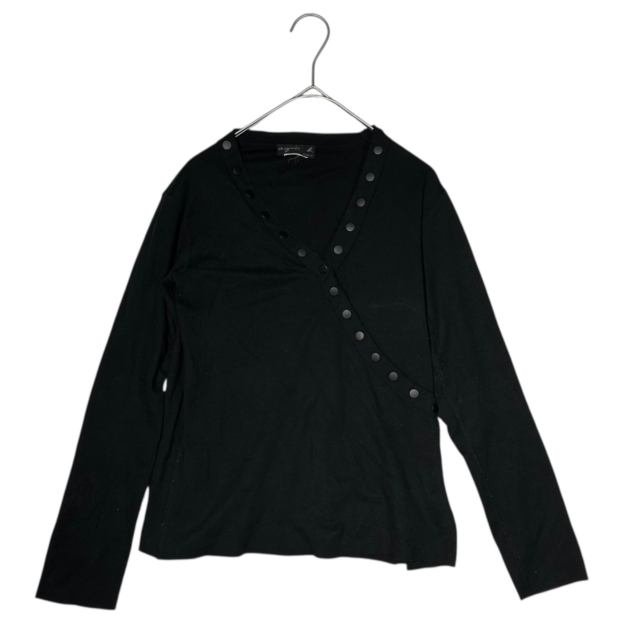 agnes b.(アニエスベー) 00's Asymmetrical Snap Button V-Neck Cut and Sewn アシンメトリー スナップ ボタン Vネック カットソー 表記無(M程度) ブラック Y2K ピチT