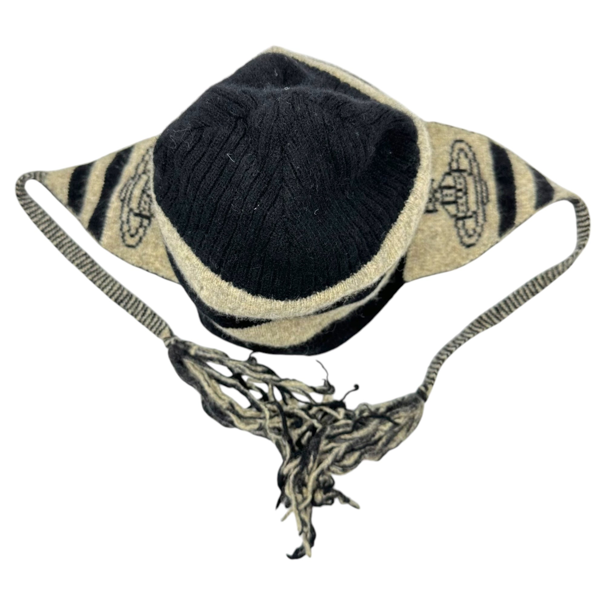 Vivienne Westwood ACCESSORIES(ヴィヴィアンウエストウッドアクセサリー) 00's knit hat with ear flaps 耳当て付き ニット帽 ブラック×グレー ムーンバットタグ Y2K ビーニー