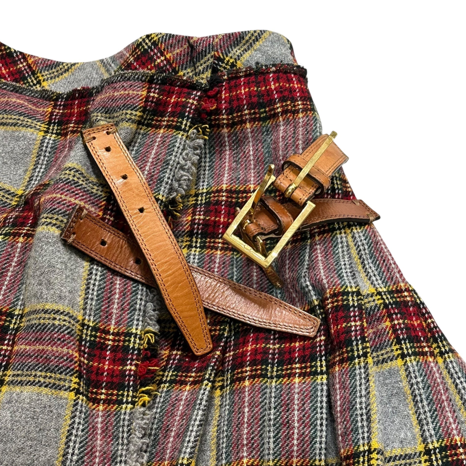 D&G(ディー&ジードルガバドルチェ&ガッバーナ) Woolen rolled skirt with checkered pattern and belt チェック柄 ベルト付 ウール 巻き スカート 40(L程度) グレー×レッド 品質表示タグ切取