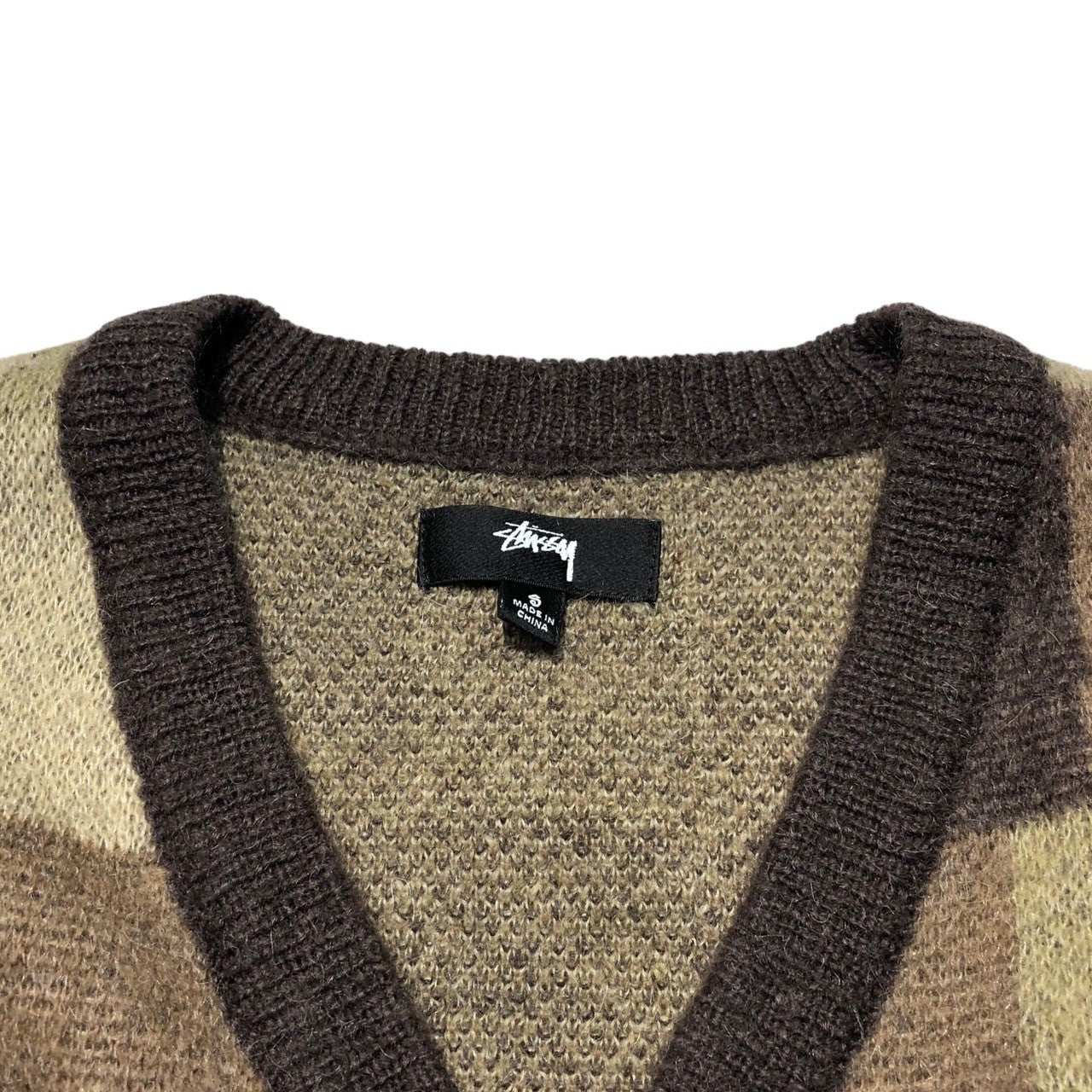 STUSSY(ステューシー) wobbly check sweater vest チェック セーター ベスト モヘヤ混 S カーキ×ブラウン×ベージュ