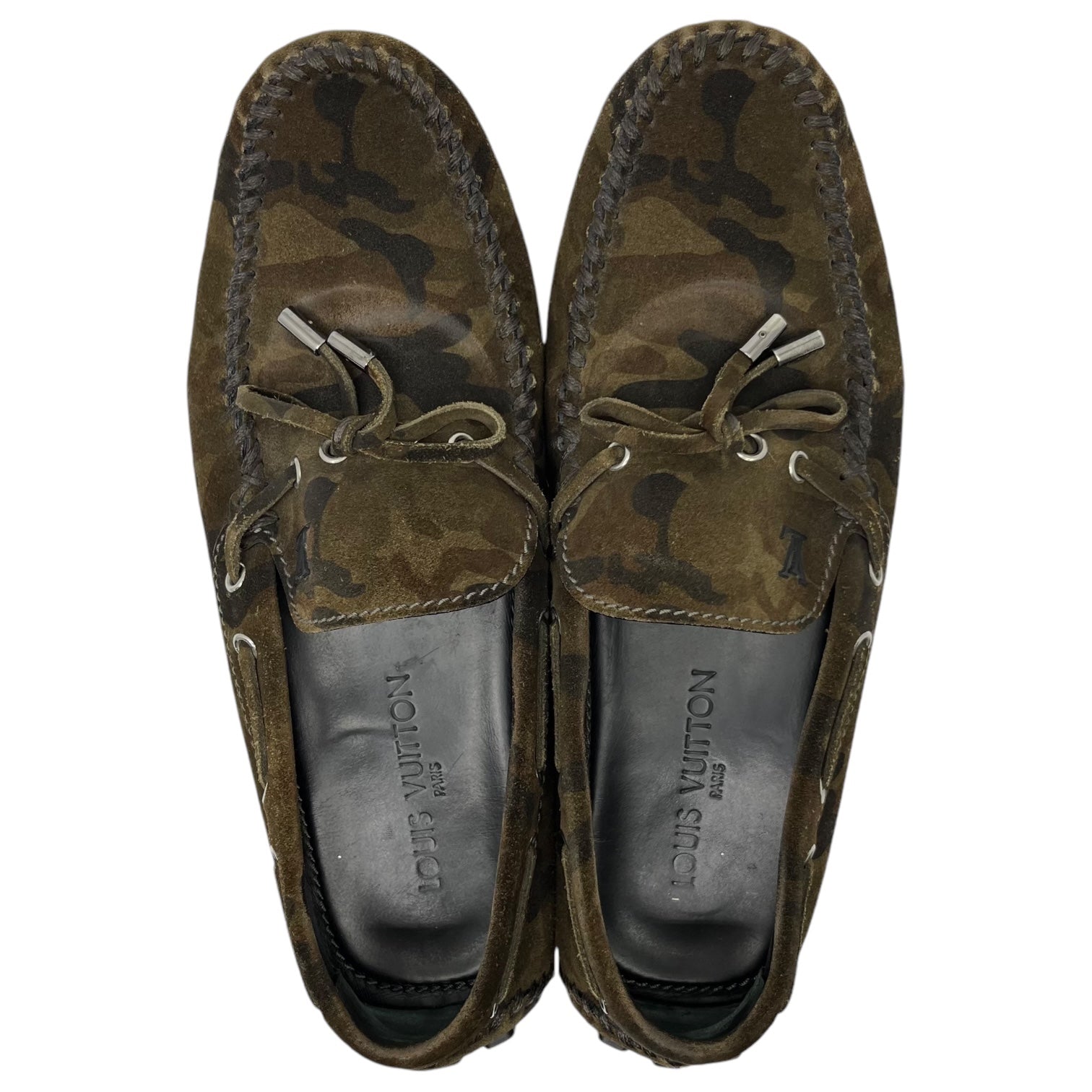 LOUIS VUITTON(ルイヴィトン) Camouflage moccasin driving shoes カモフラ モカシン ドライビング シューズ 製造番号:ND0133 9 1/2(27.5cm~28cm程度) カーキ 迷彩 ロゴ ローファー スリッポン