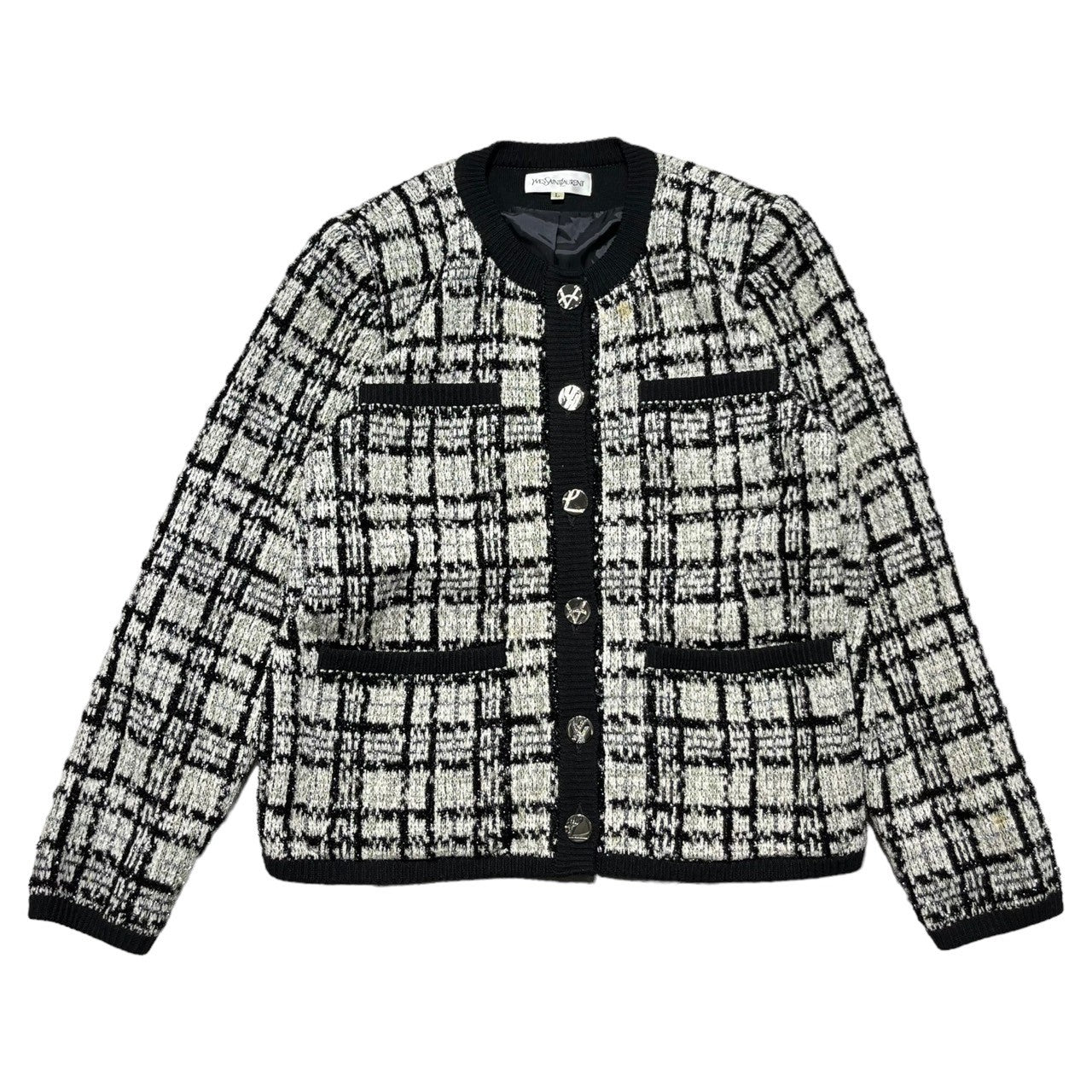 YVES SAINT LAURENT(イヴサンローラン) 90's lame no collar jacket ラメ ノーカラー ジャケット SU47A502 L ホワイト×ブラック 90年代 ヴィンテージ カーディガン ツイード